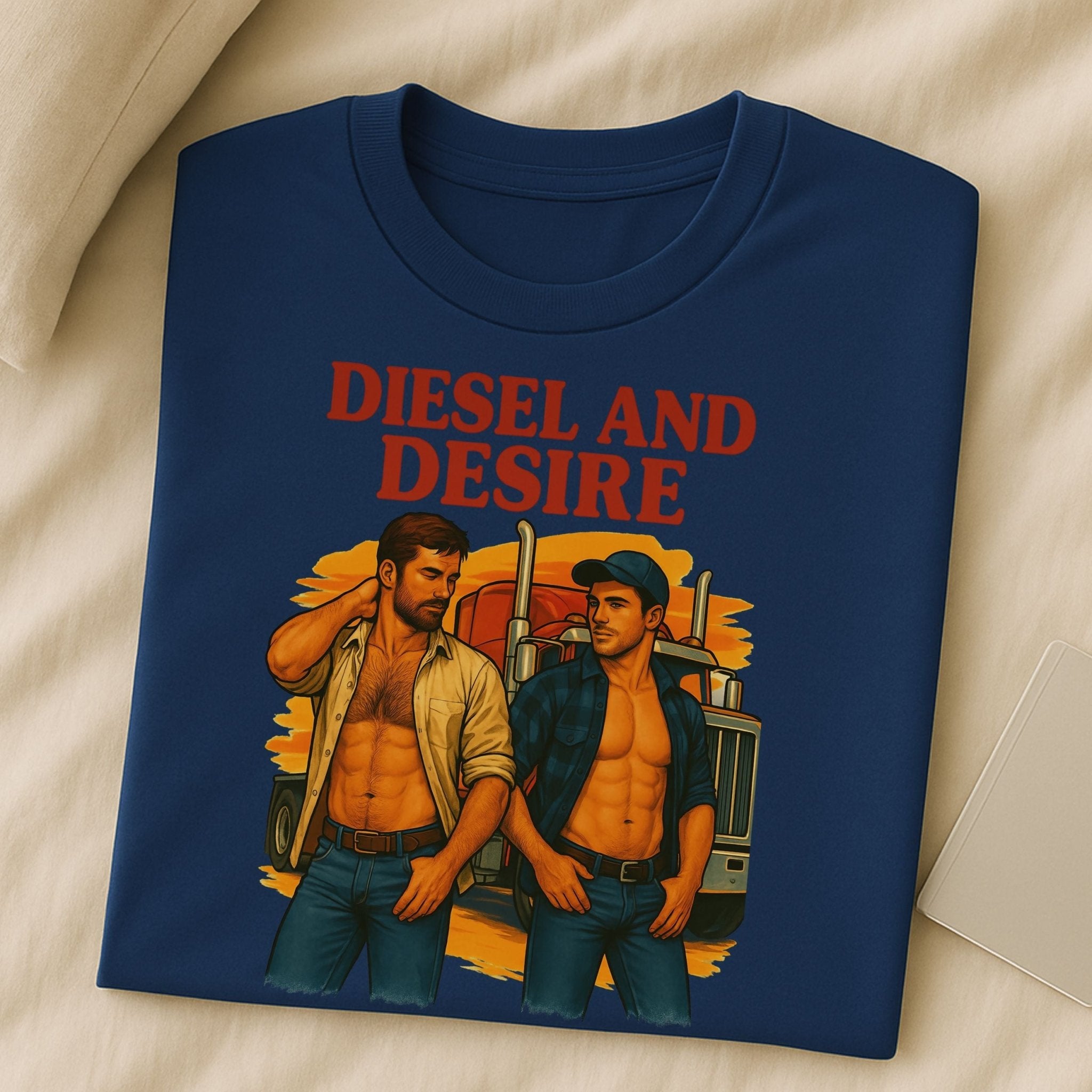 Sexy Gay Trucker Tee, Cinematic Roadside Daddy Shirt for Him, Diesel and Desire Gay T-Shirt - Craig Michael Design