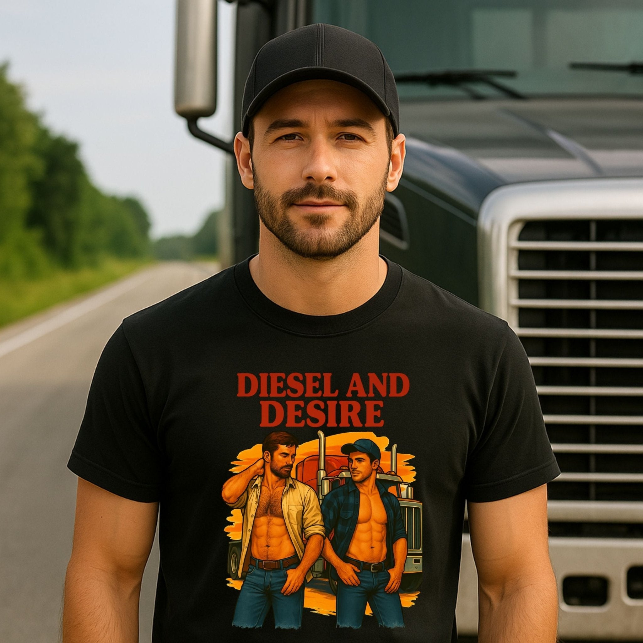 Sexy Gay Trucker Tee, Cinematic Roadside Daddy Shirt for Him, Diesel and Desire Gay T-Shirt - Craig Michael Design