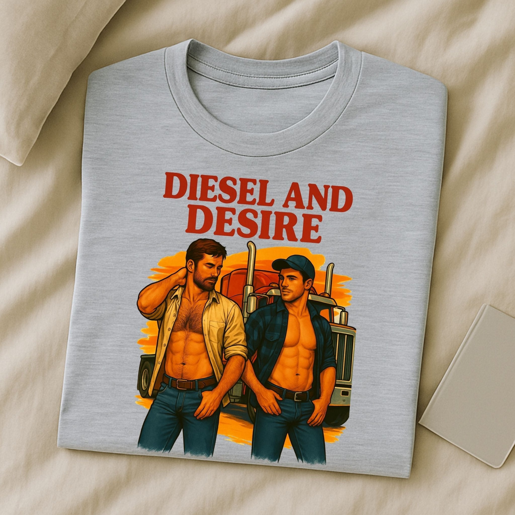 Sexy Gay Trucker Tee, Cinematic Roadside Daddy Shirt for Him, Diesel and Desire Gay T-Shirt - Craig Michael Design