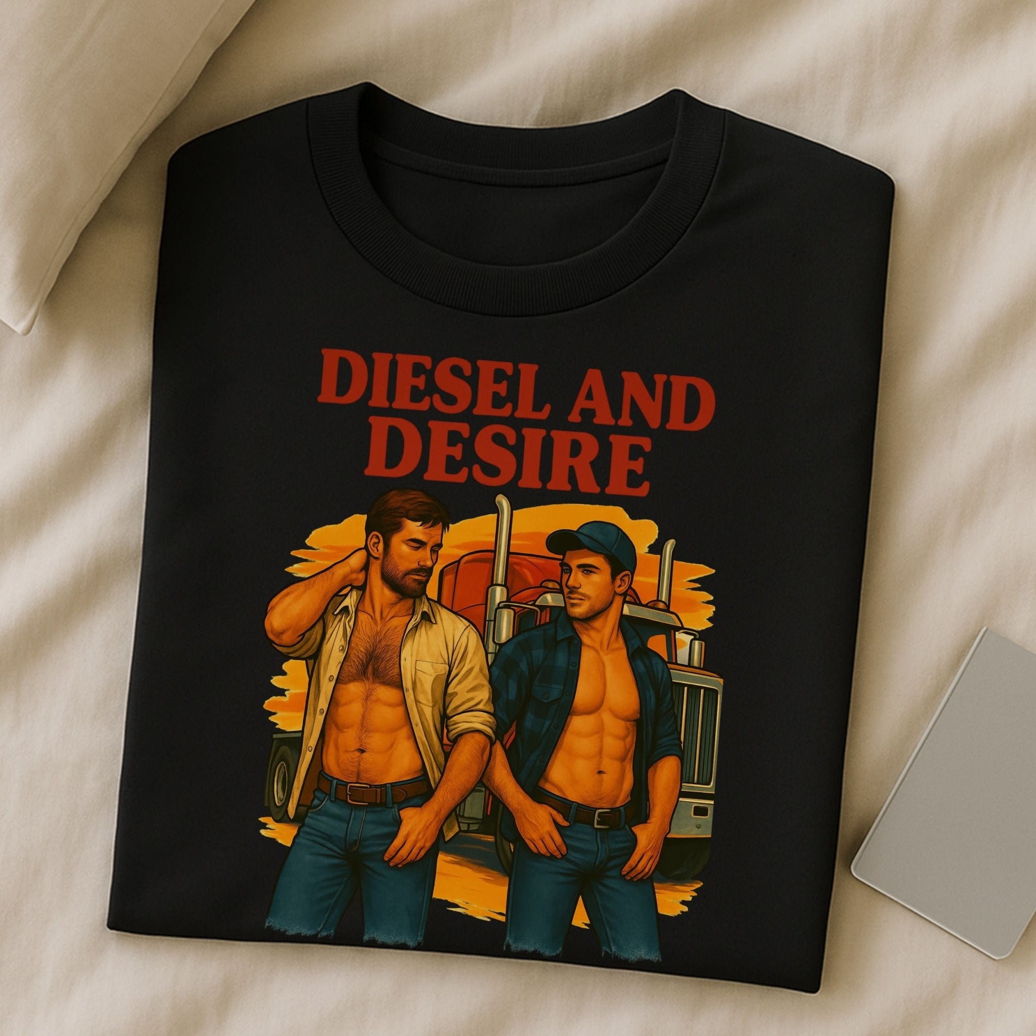 Sexy Gay Trucker Tee, Cinematic Roadside Daddy Shirt for Him, Diesel and Desire Gay T-Shirt - Craig Michael Design