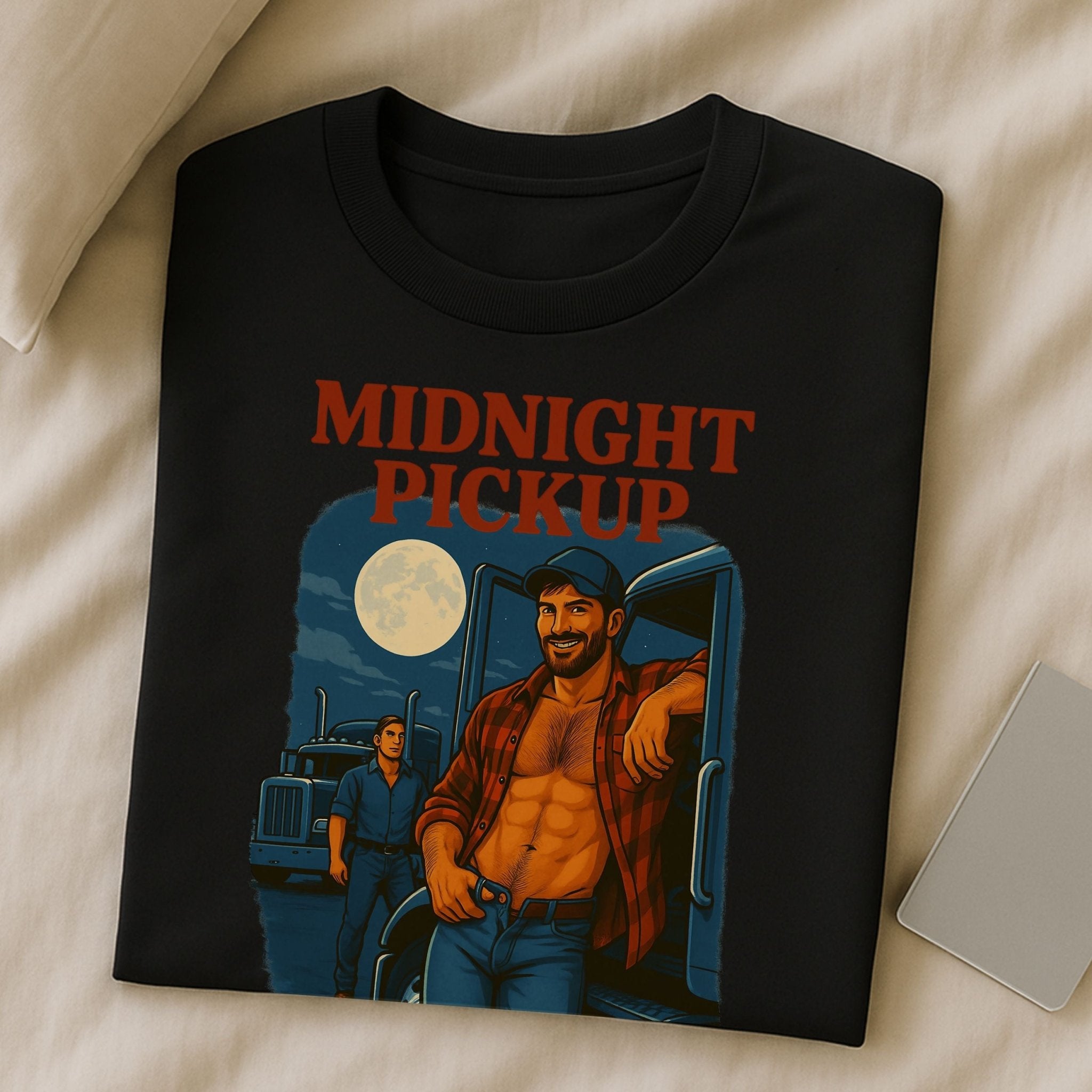 Sexy Trucker T-Shirt — Rugged Gay Daddy Top, Flirty Night Scene Tee, Midnight Pickup - Craig Michael Design