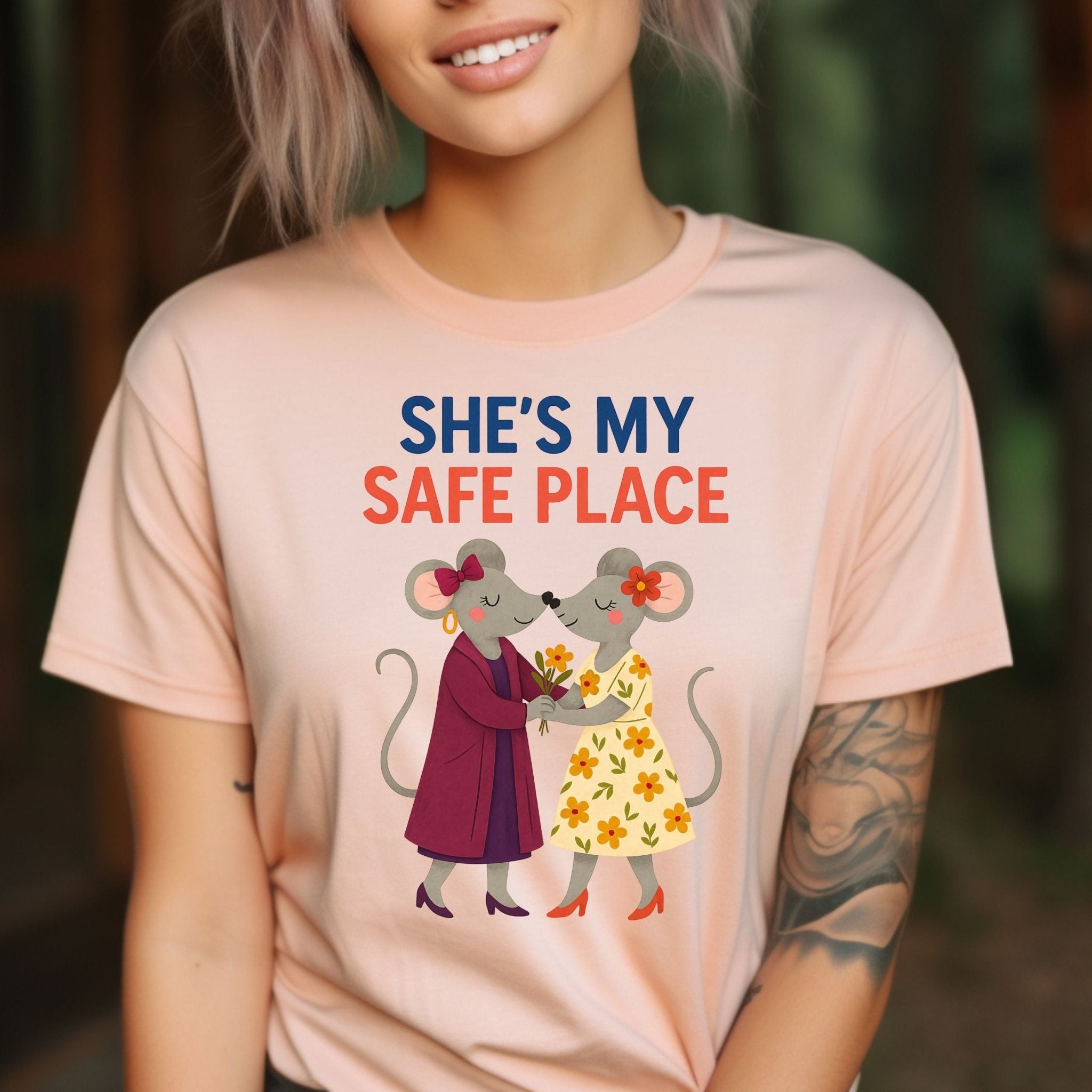 She Is My Safe Place Two Mice With Flowers Cute T-Shirt - Craig Michael Design