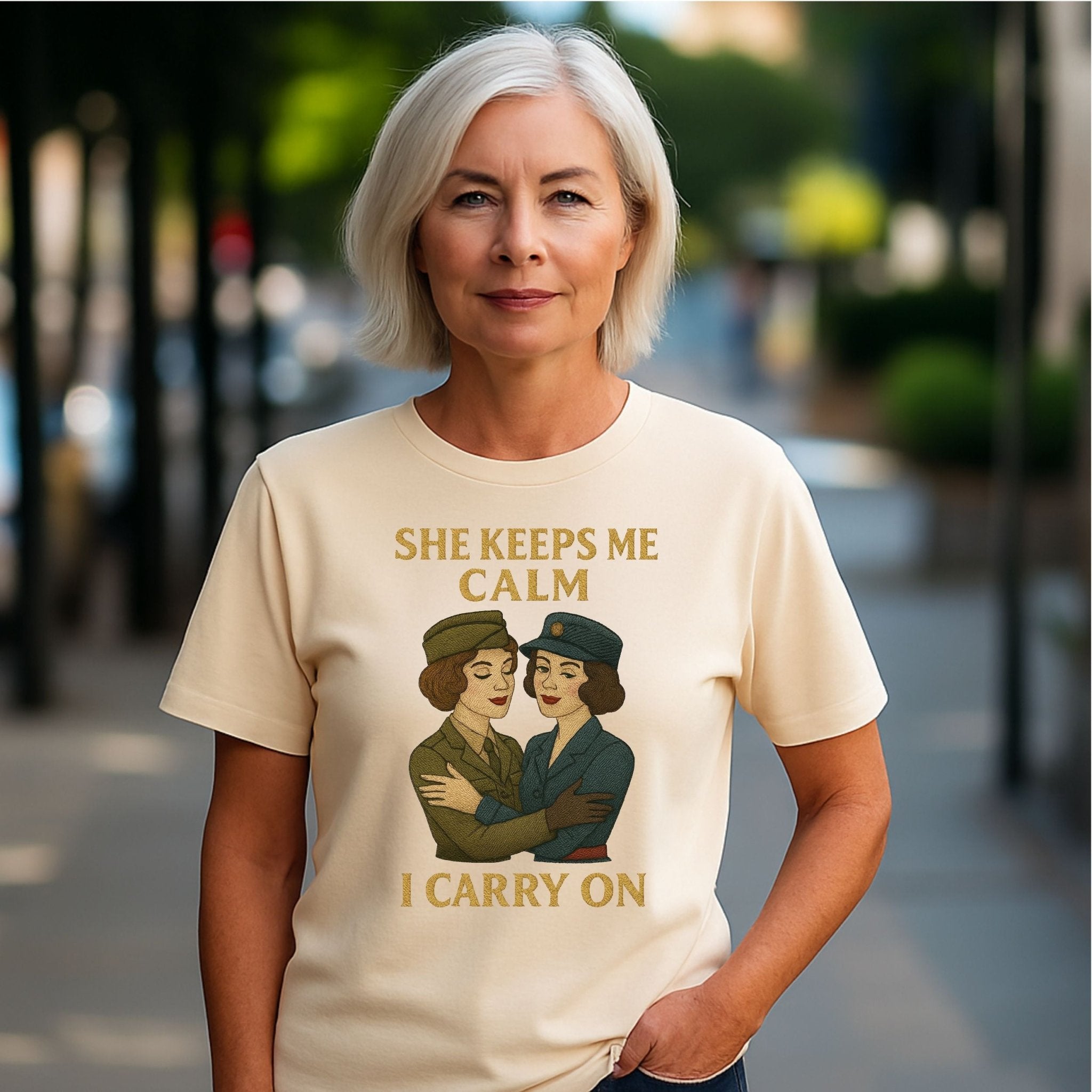 She Keeps Me Calm – 1940s Lesbian T-Shirt, Vintage Comfort Gift - Craig Michael Design