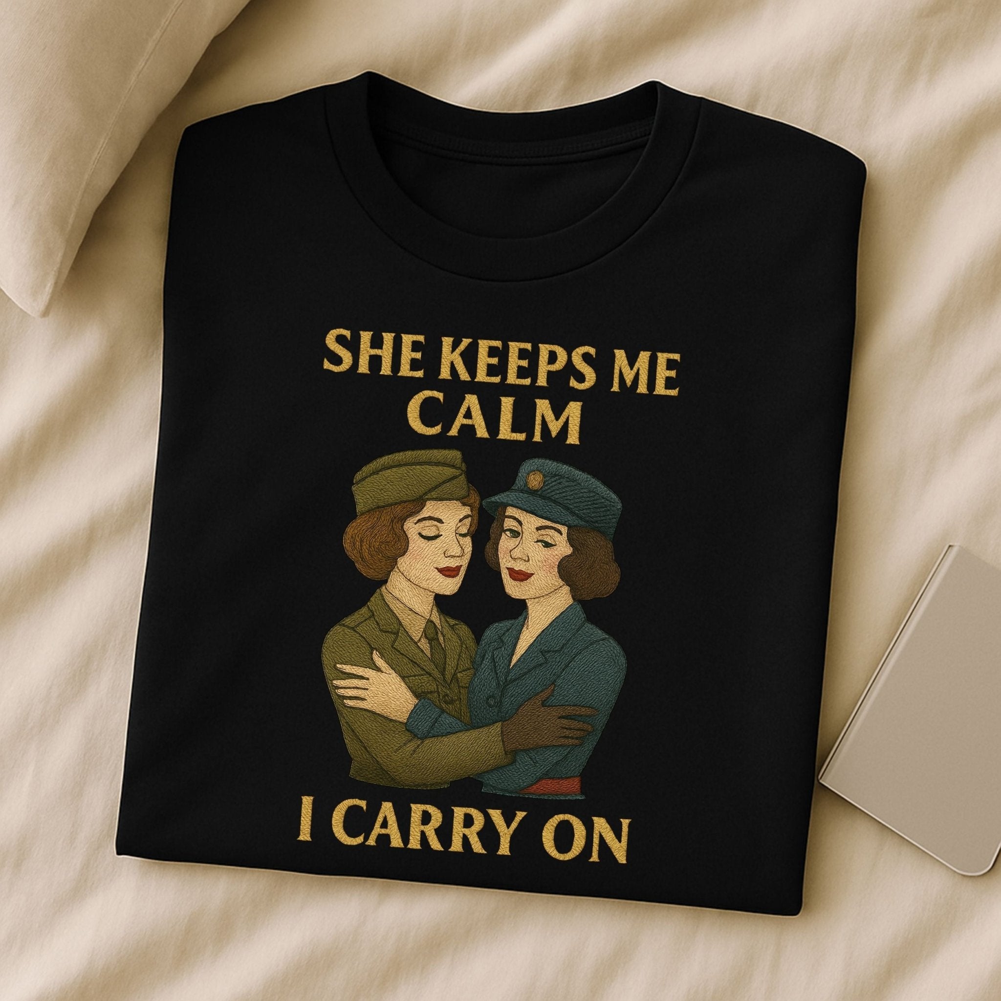 She Keeps Me Calm – 1940s Lesbian T-Shirt, Vintage Comfort Gift - Craig Michael Design