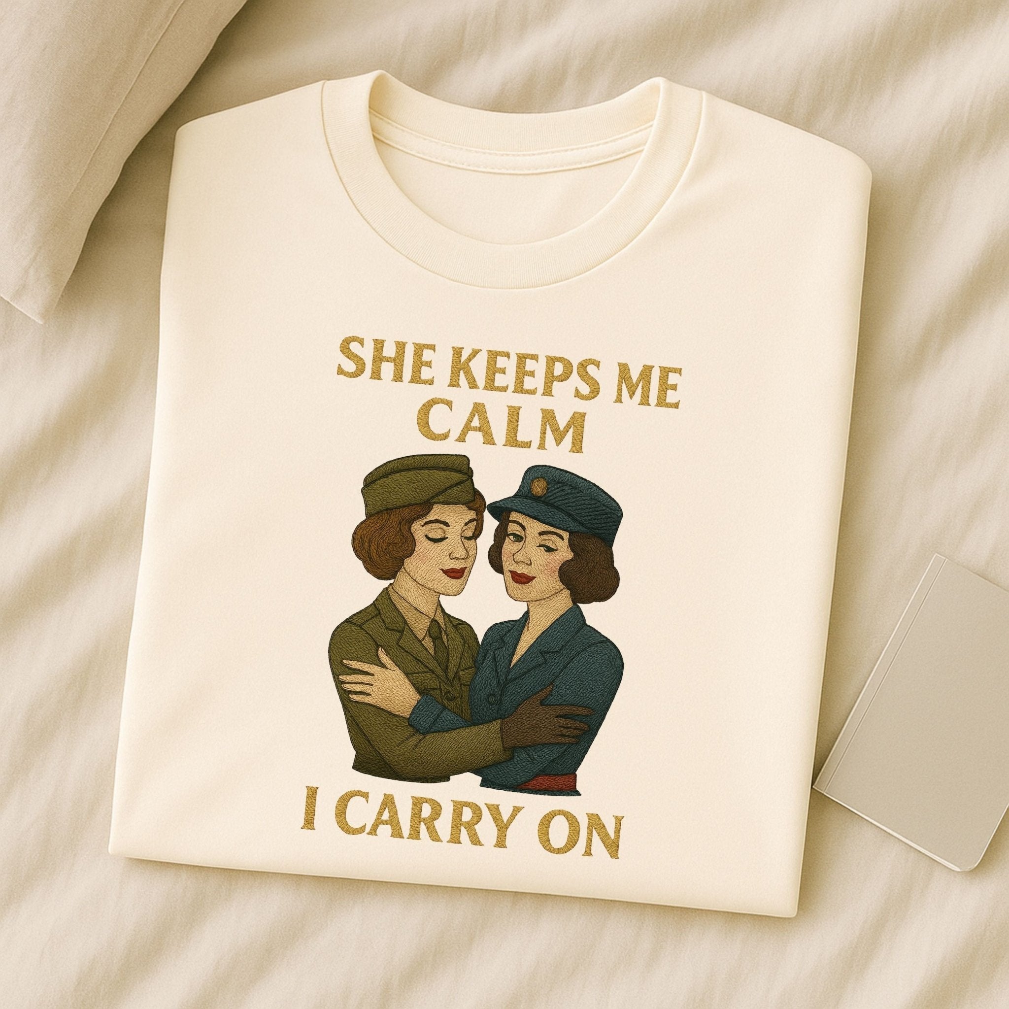 She Keeps Me Calm – 1940s Lesbian T-Shirt, Vintage Comfort Gift - Craig Michael Design