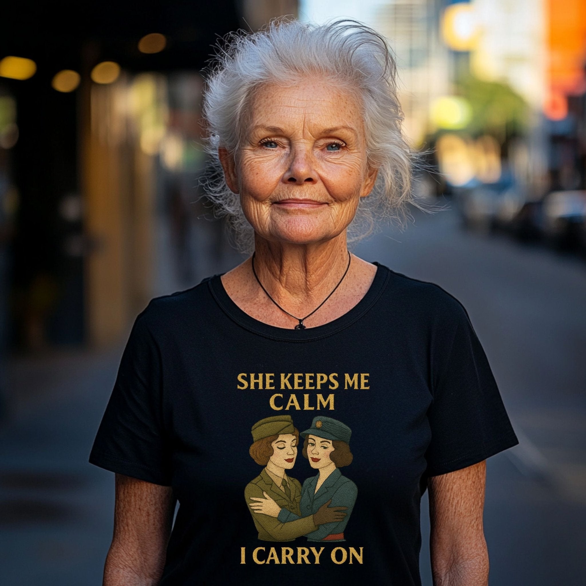 She Keeps Me Calm Tee, 1940s Lesbian Couple T-Shirt, Embroidered Style Queer Comfort Shirt, Vintage Wartime Pride Gift for Her - Craig Michael Design