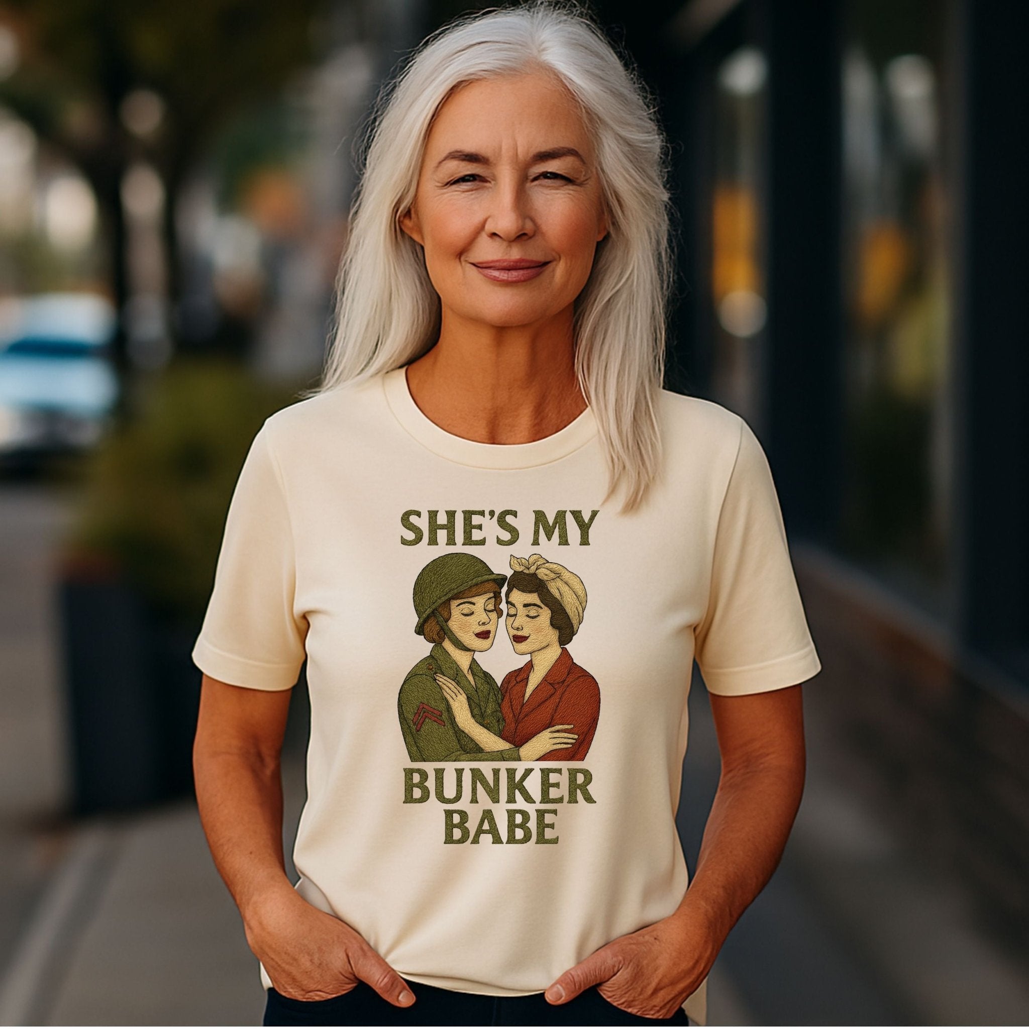 She’s My Bunker Babe – 1940s Lesbian T-Shirt, Retro Sapphic Resilience Gift - Craig Michael Design