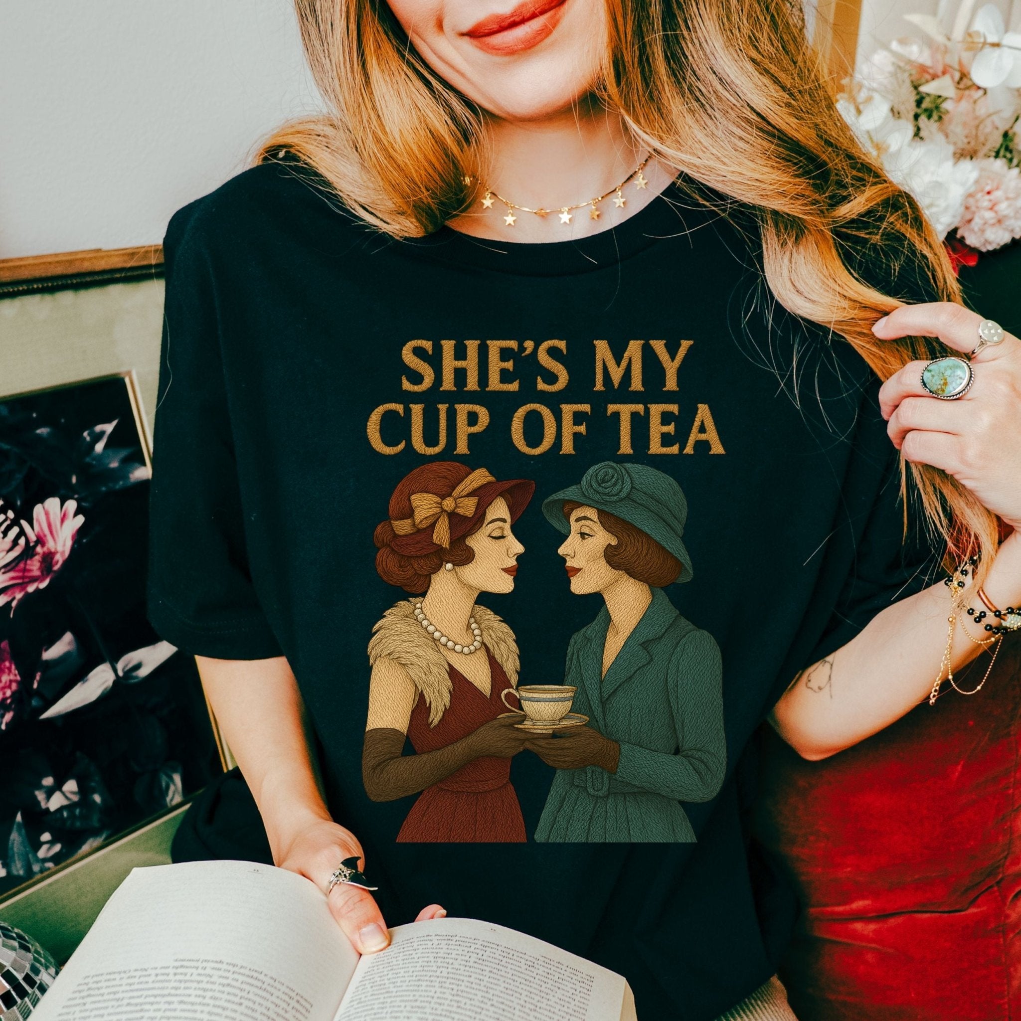 She’s My Cup of Tea Tee, Vintage Lesbian Couple T-Shirt, Embroidered Style Sapphic Love Gift, Romantic Queer Pride Shirt - Craig Michael Design