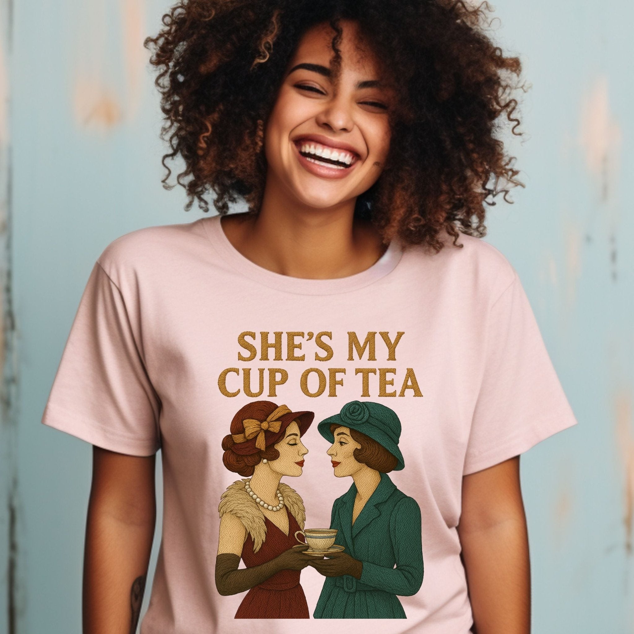 She’s My Cup of Tea Tee, Vintage Lesbian Couple T-Shirt, Embroidered Style Sapphic Love Gift, Romantic Queer Pride Shirt - Craig Michael Design