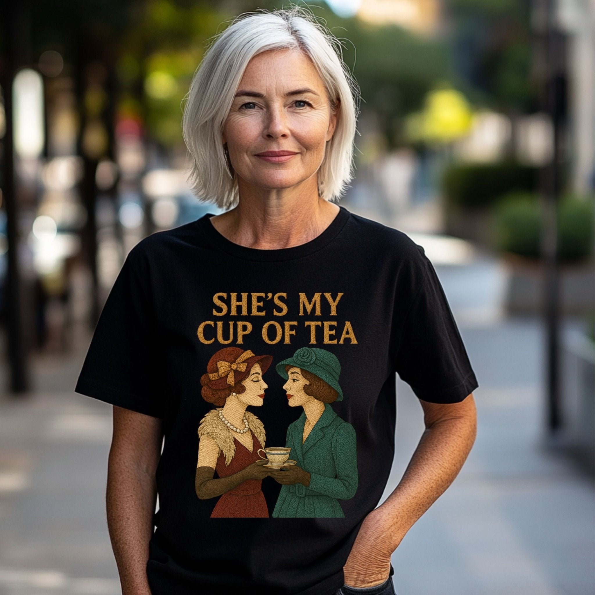 She’s My Cup of Tea Tee, Vintage Lesbian Couple T-Shirt, Embroidered Style Sapphic Love Gift, Romantic Queer Pride Shirt - Craig Michael Design