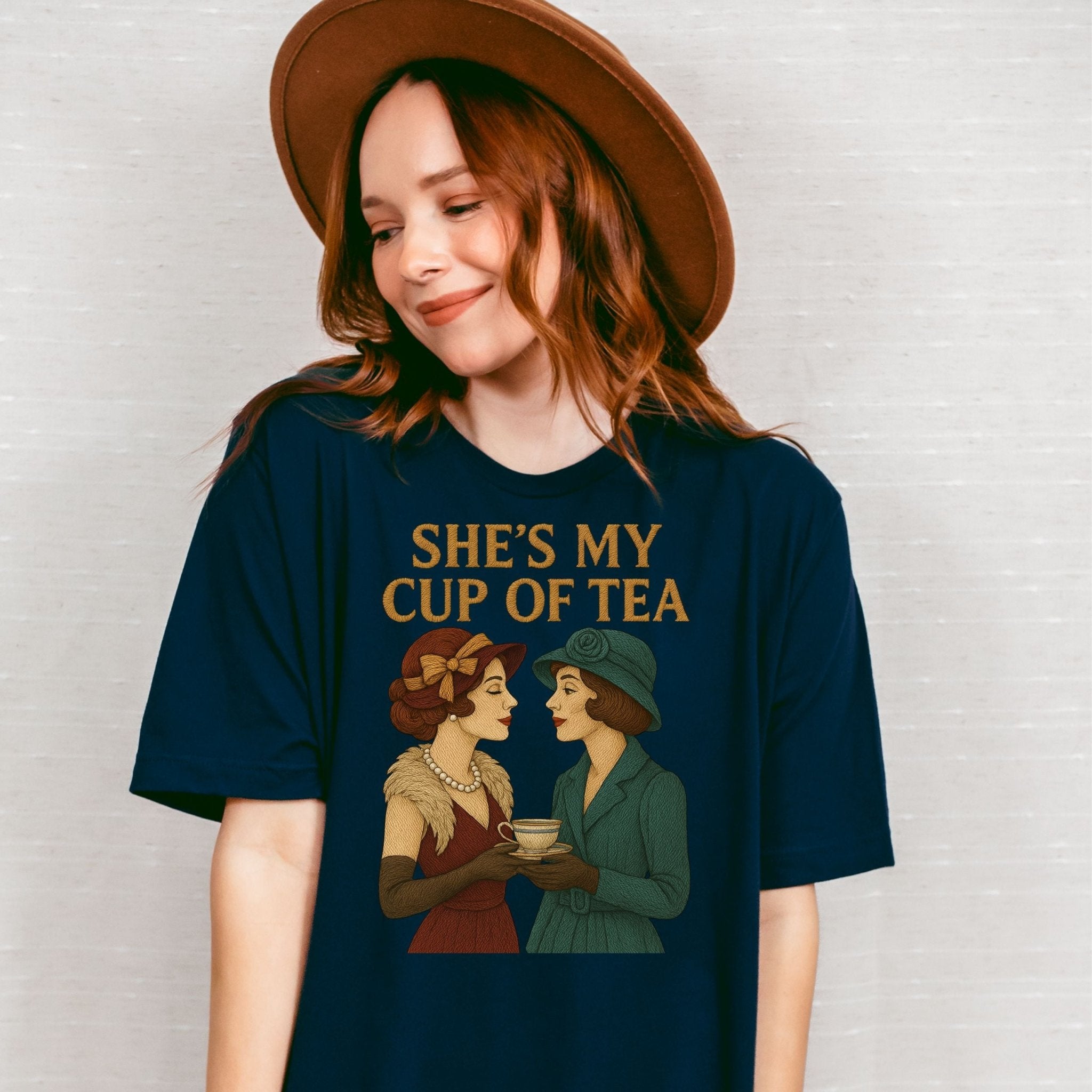 She’s My Cup of Tea Tee, Vintage Lesbian Couple T-Shirt, Embroidered Style Sapphic Love Gift, Romantic Queer Pride Shirt - Craig Michael Design