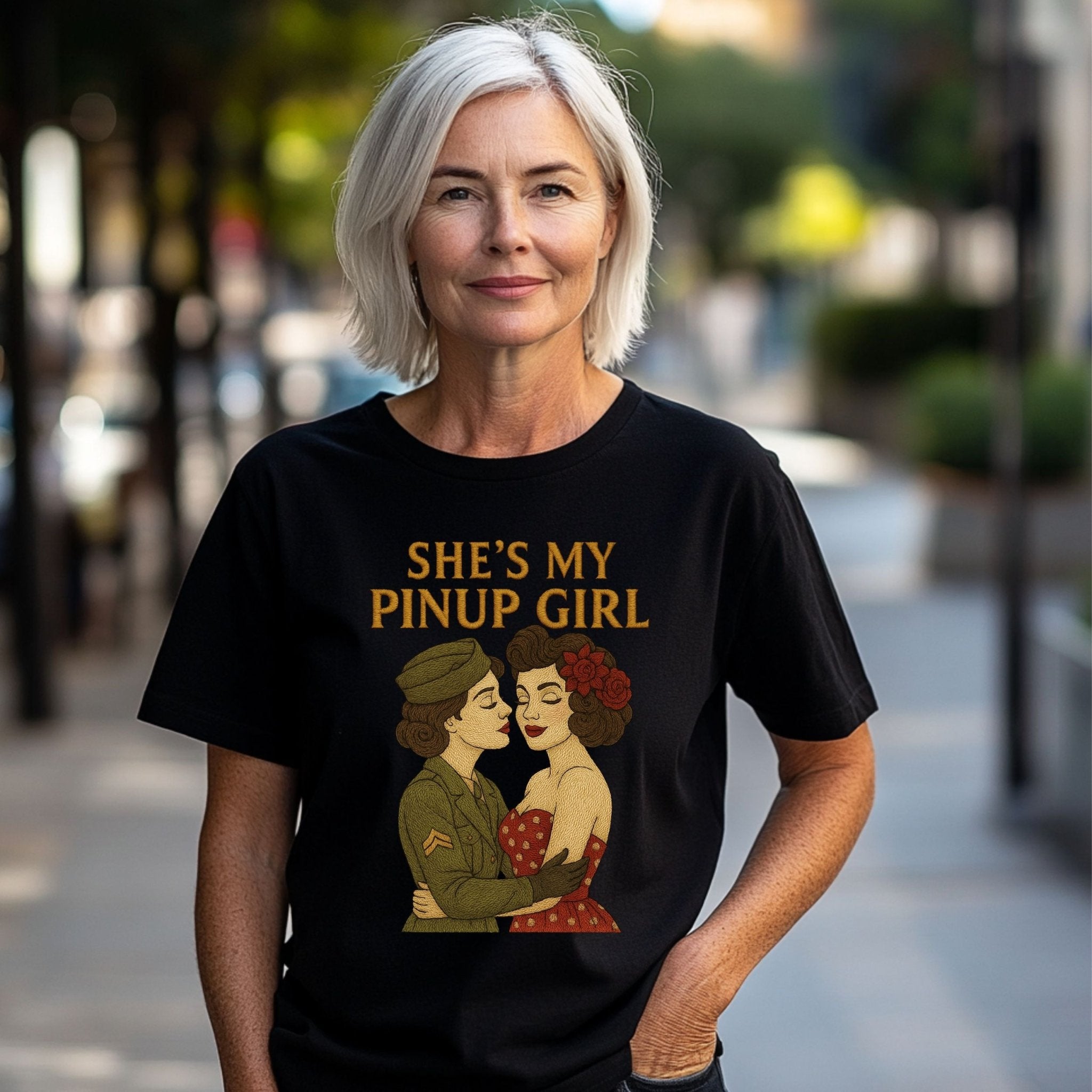 She’s My Pinup Girl Tee, 1940s Lesbian Couple T-Shirt, Embroidered Style Wartime Romance Pride Shirt, Vintage Queer Gift for Her - Craig Michael Design