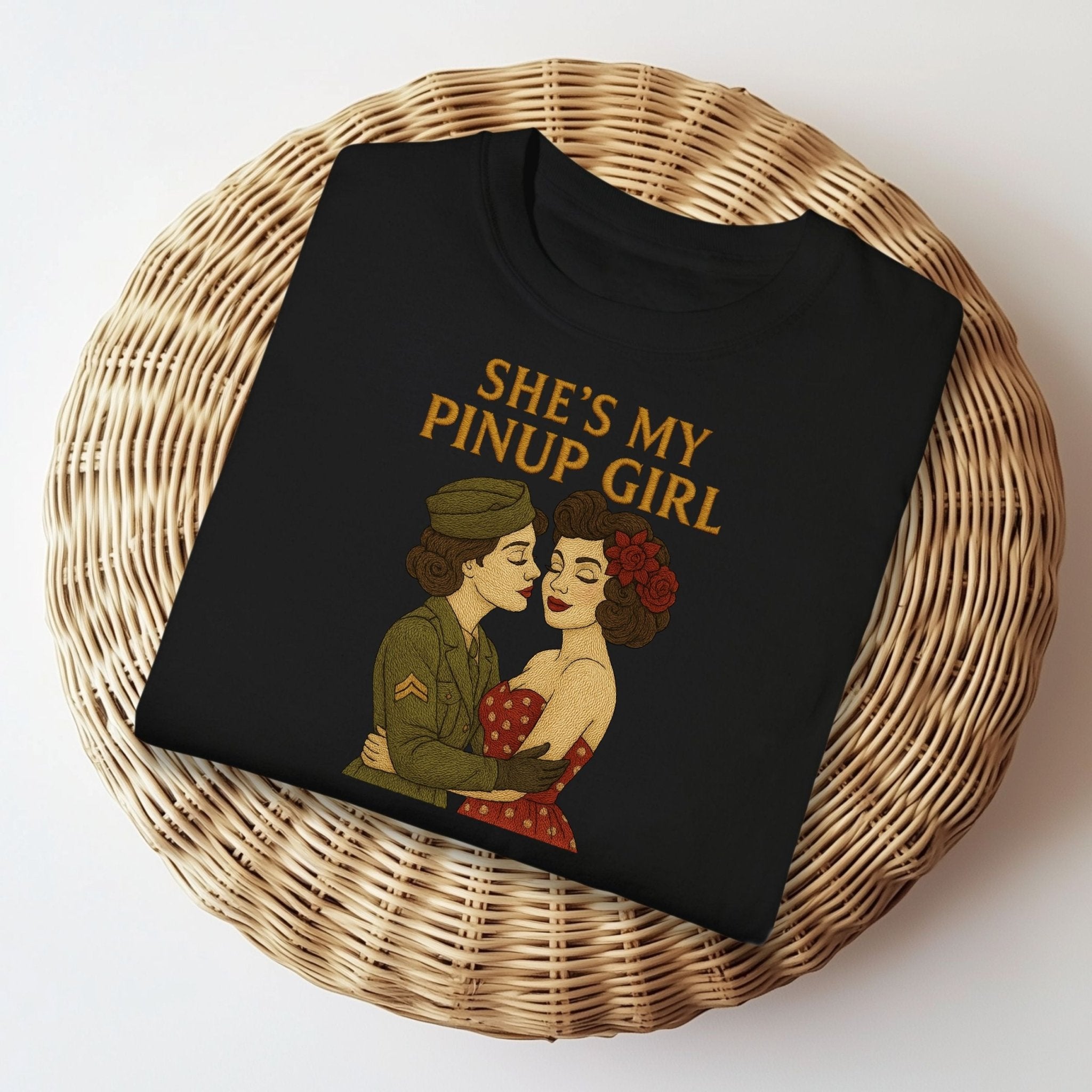 She’s My Pinup Girl Tee, 1940s Lesbian Couple T-Shirt, Embroidered Style Wartime Romance Pride Shirt, Vintage Queer Gift for Her - Craig Michael Design