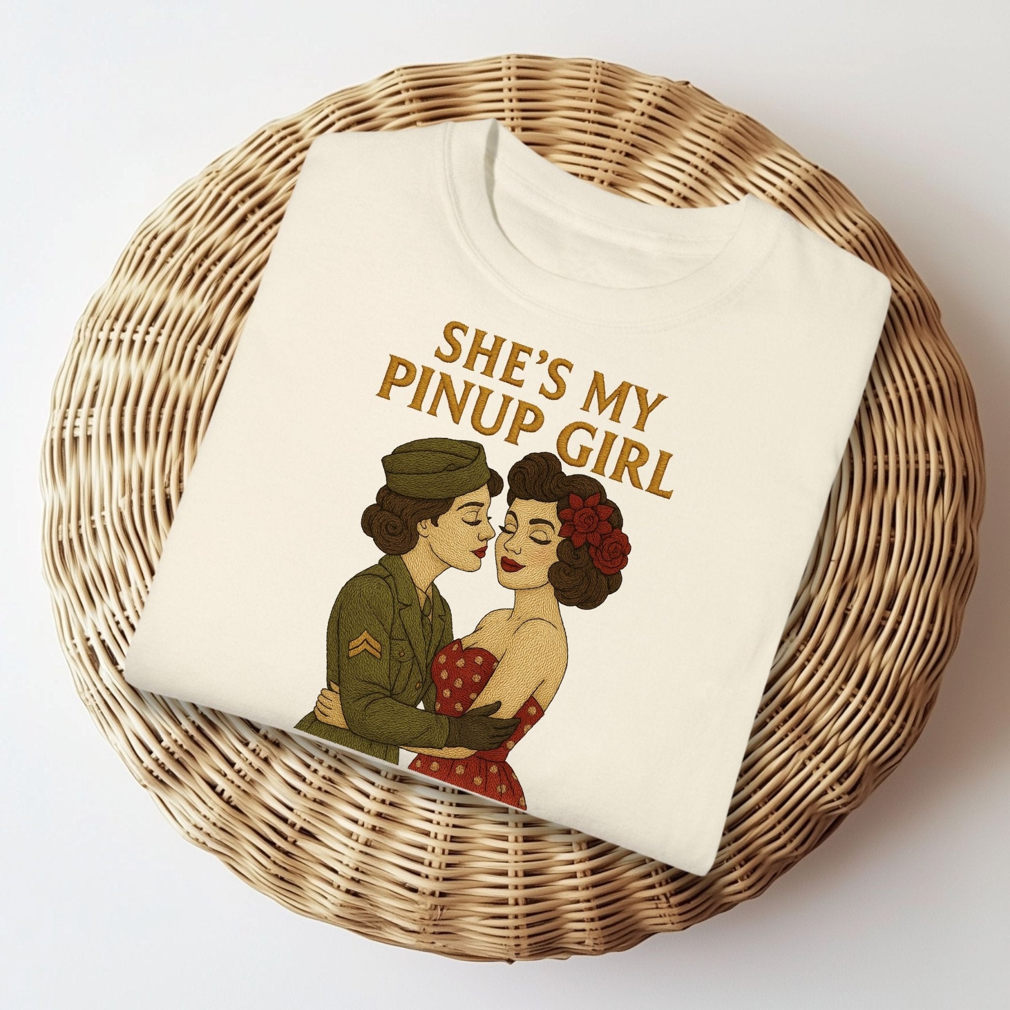 She’s My Pinup Girl Tee, 1940s Lesbian Couple T-Shirt, Embroidered Style Wartime Romance Pride Shirt, Vintage Queer Gift for Her - Craig Michael Design