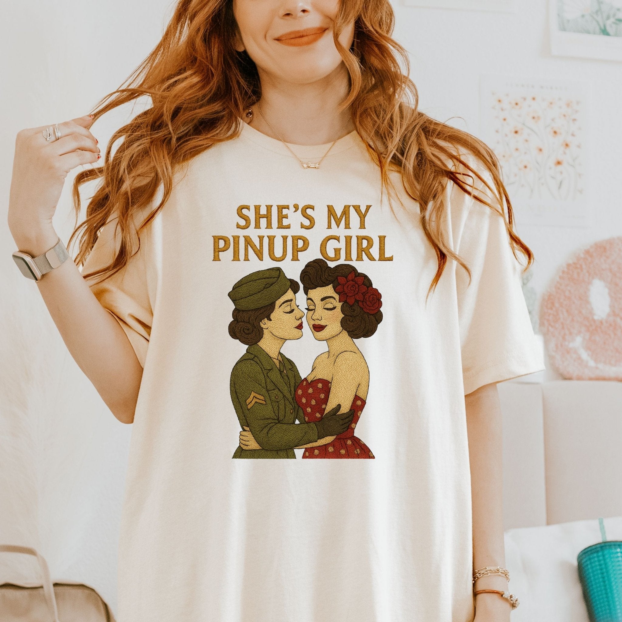 She’s My Pinup Girl Tee, 1940s Lesbian Couple T-Shirt, Embroidered Style Wartime Romance Pride Shirt, Vintage Queer Gift for Her - Craig Michael Design