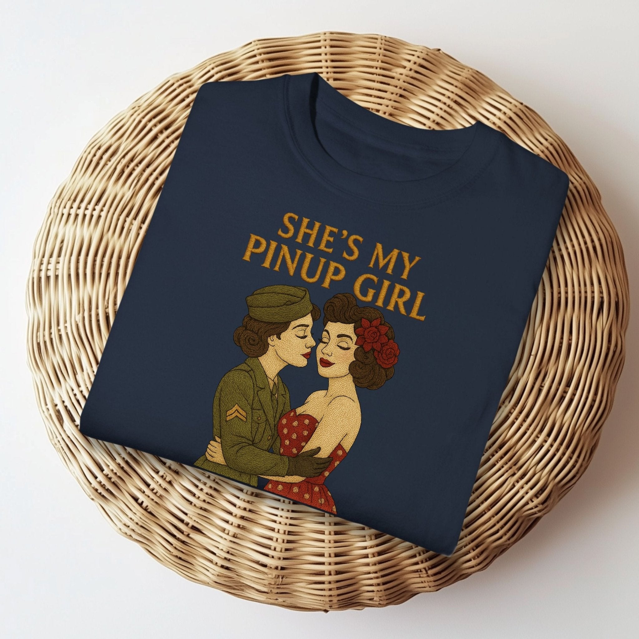 She’s My Pinup Girl Tee, 1940s Lesbian Couple T-Shirt, Embroidered Style Wartime Romance Pride Shirt, Vintage Queer Gift for Her - Craig Michael Design