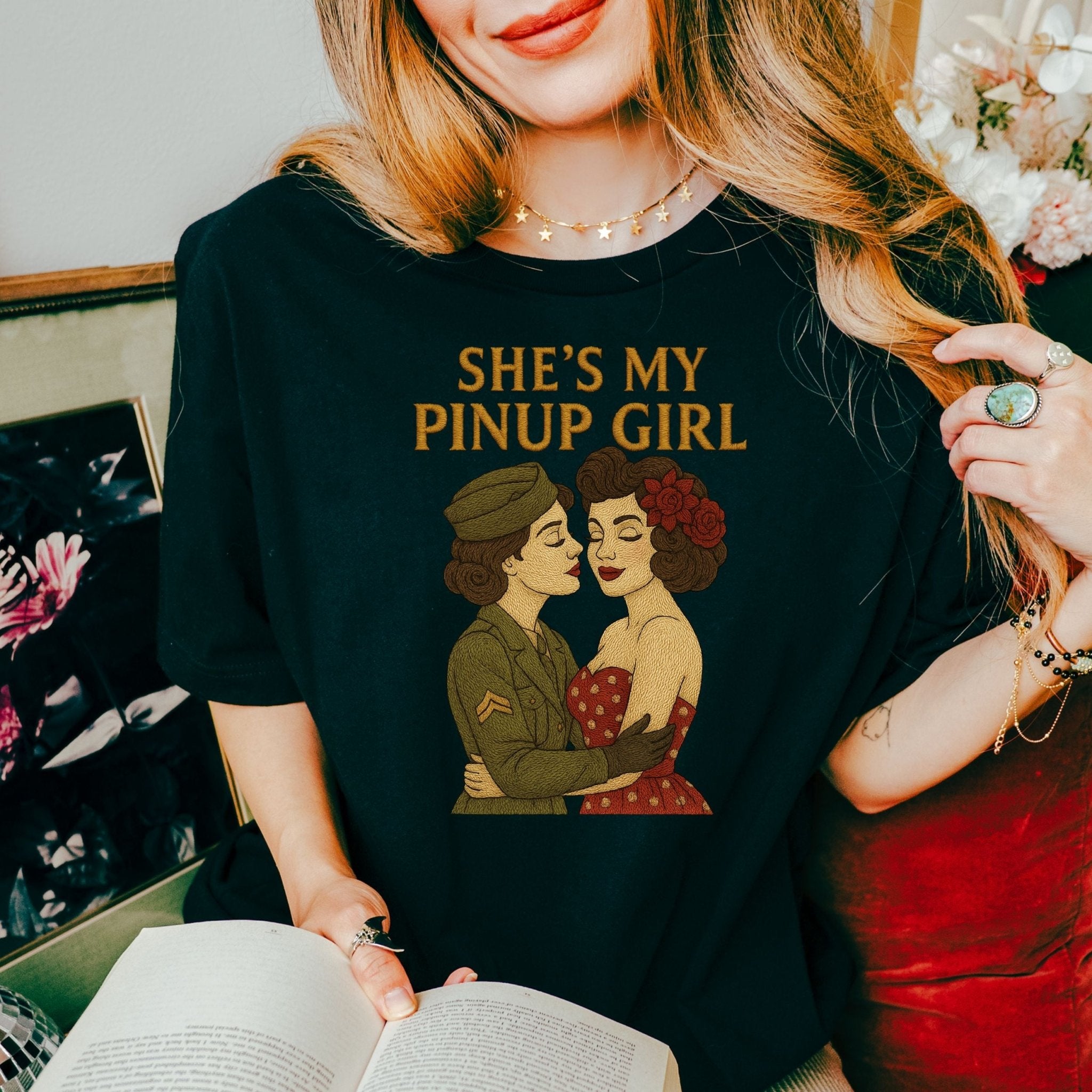She’s My Pinup Girl Tee, 1940s Lesbian Couple T-Shirt, Embroidered Style Wartime Romance Pride Shirt, Vintage Queer Gift for Her - Craig Michael Design