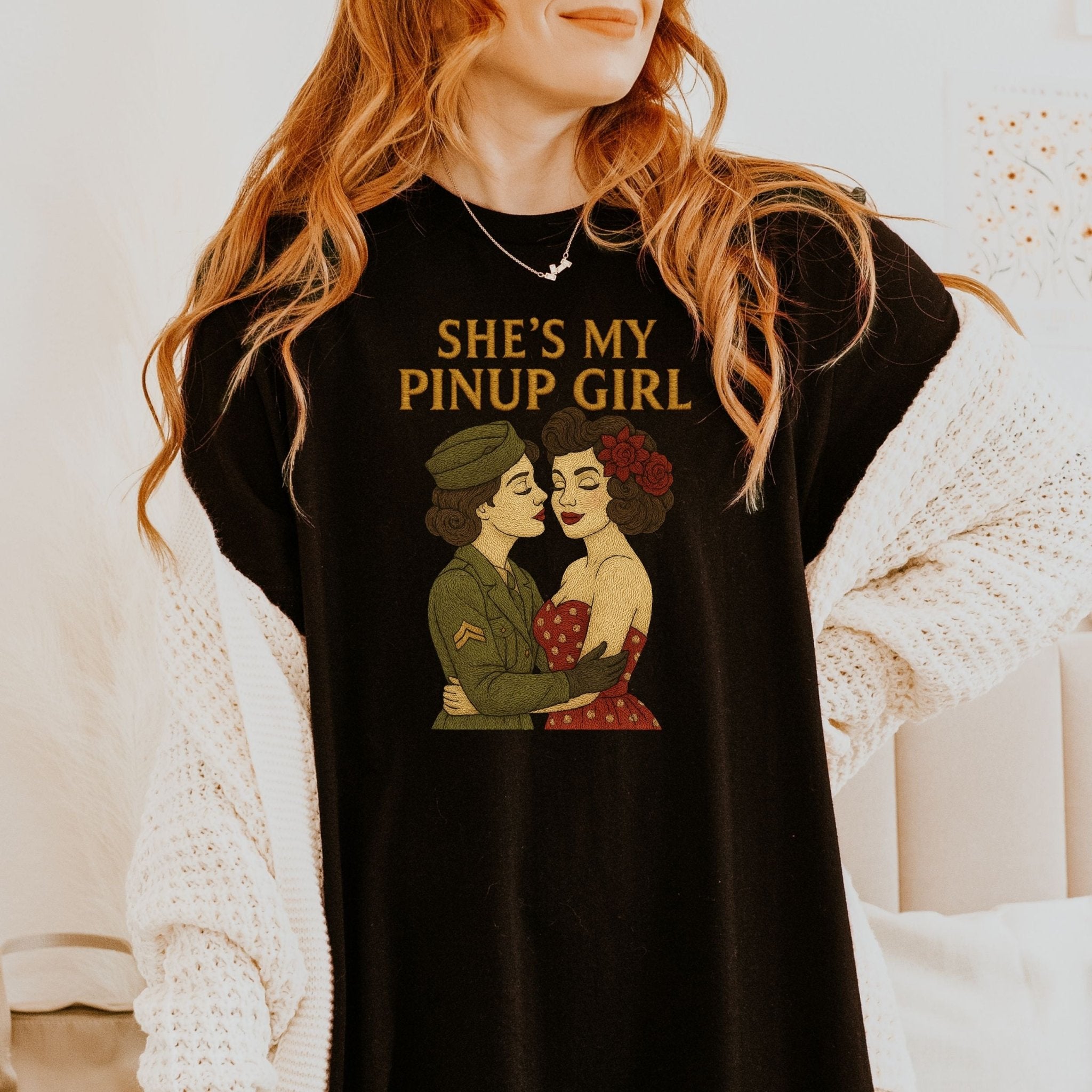 She’s My Pinup Girl Tee, 1940s Lesbian Couple T-Shirt, Embroidered Style Wartime Romance Pride Shirt, Vintage Queer Gift for Her - Craig Michael Design