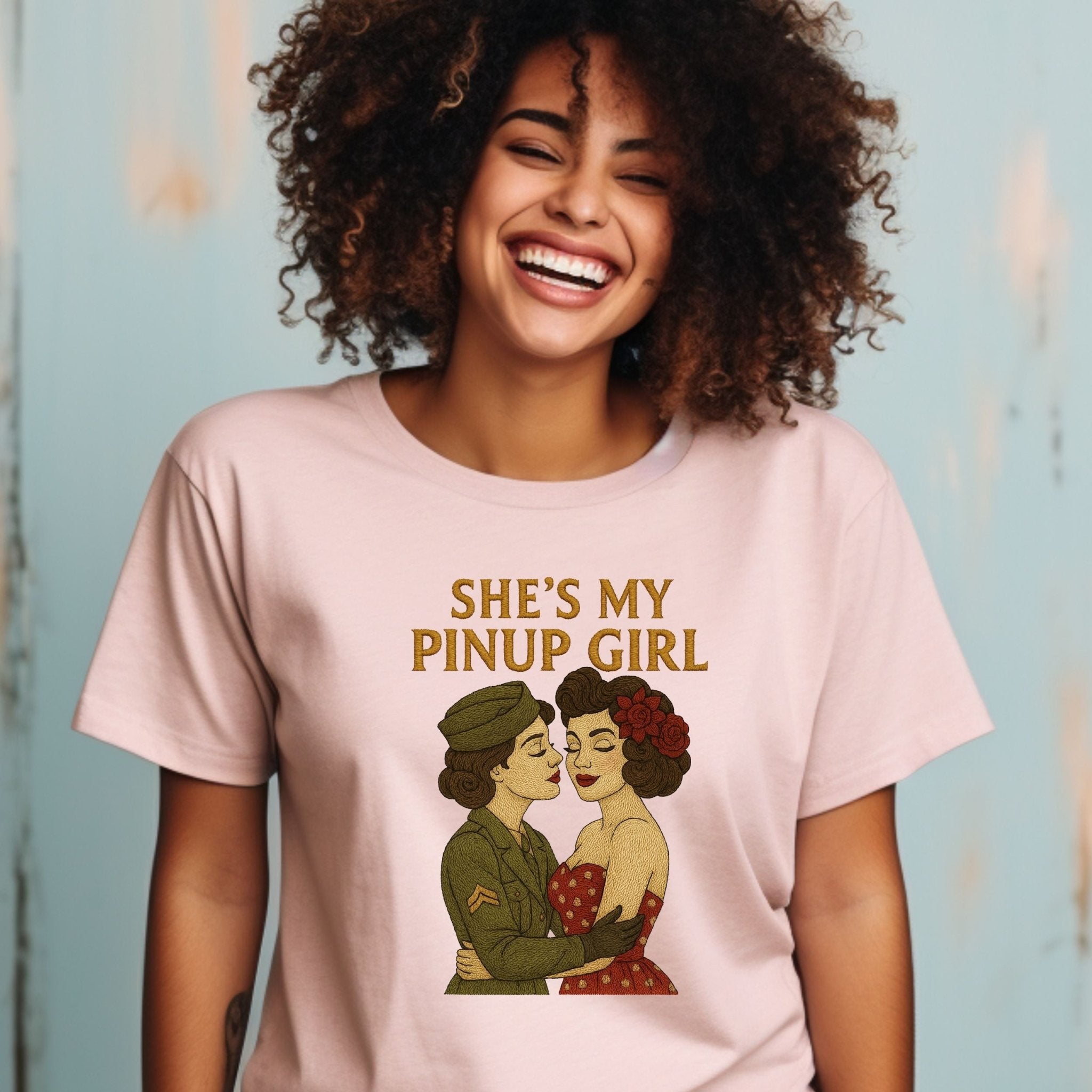 She’s My Pinup Girl Tee, 1940s Lesbian Couple T-Shirt, Embroidered Style Wartime Romance Pride Shirt, Vintage Queer Gift for Her - Craig Michael Design
