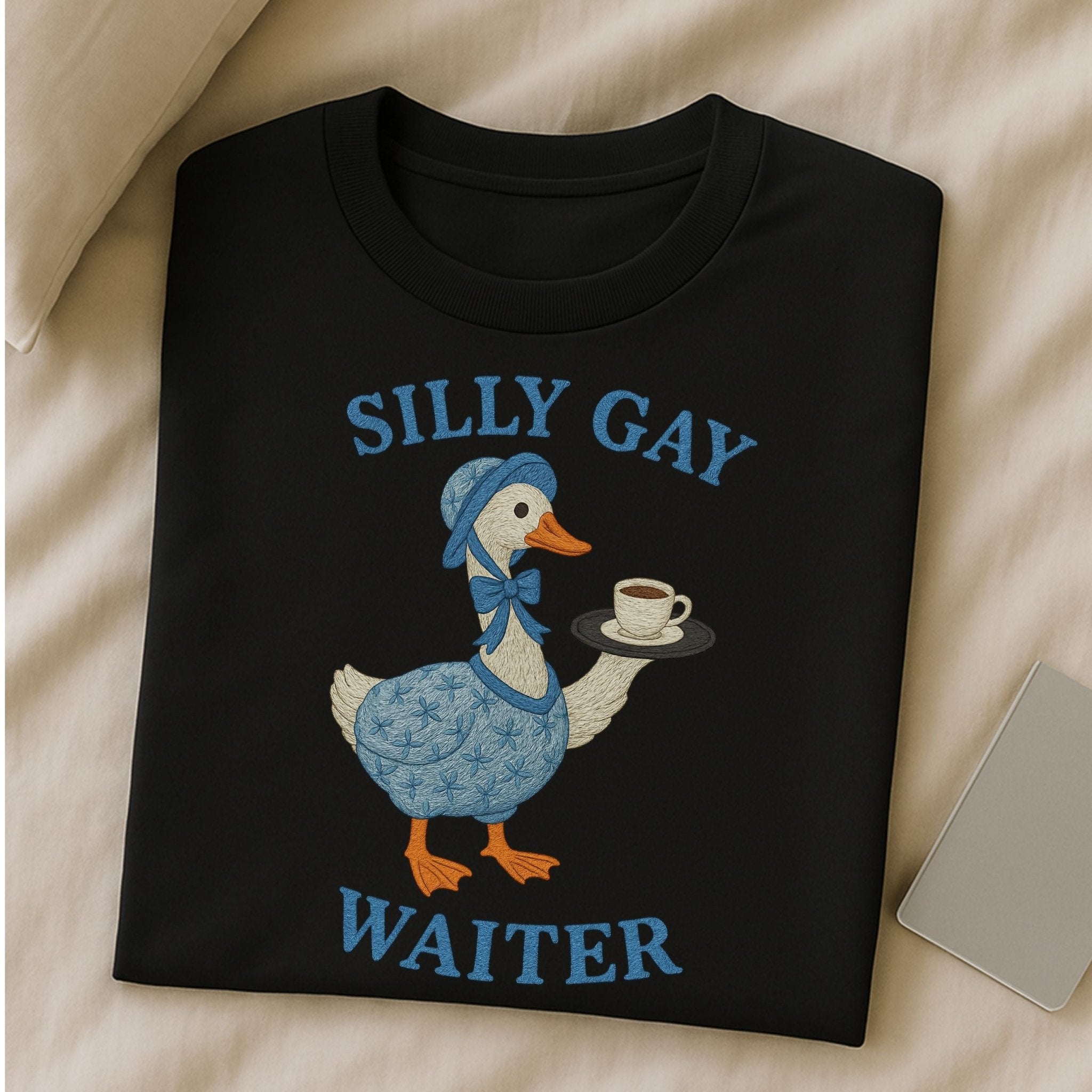 Silly Gay Waiter Shirt, Funny LGBTQ T-Shirt, Cottagecore Goose Coffee Top, Camp Pride Gift for Him or Her, Gay Hospitality Tee - Craig Michael Design