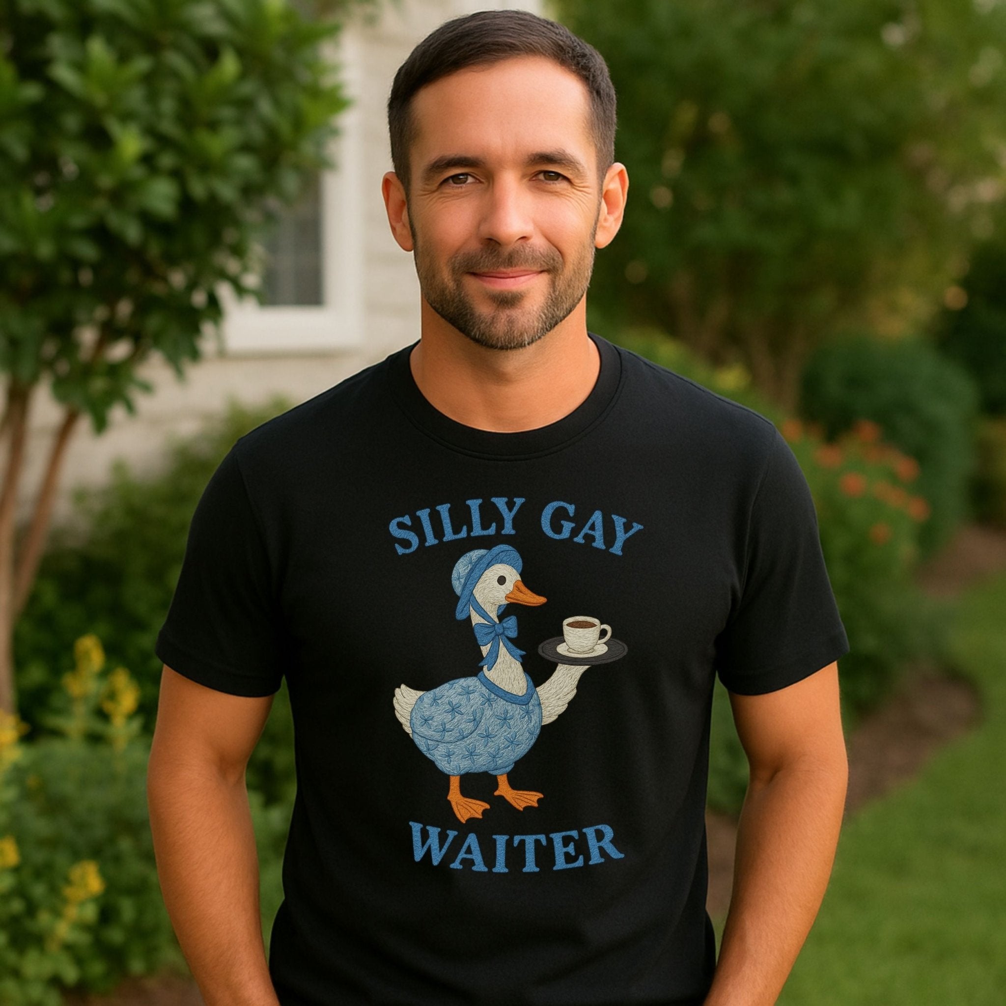 Silly Gay Waiter Shirt, Funny LGBTQ T-Shirt, Cottagecore Goose Coffee Top, Camp Pride Gift for Him or Her, Gay Hospitality Tee - Craig Michael Design