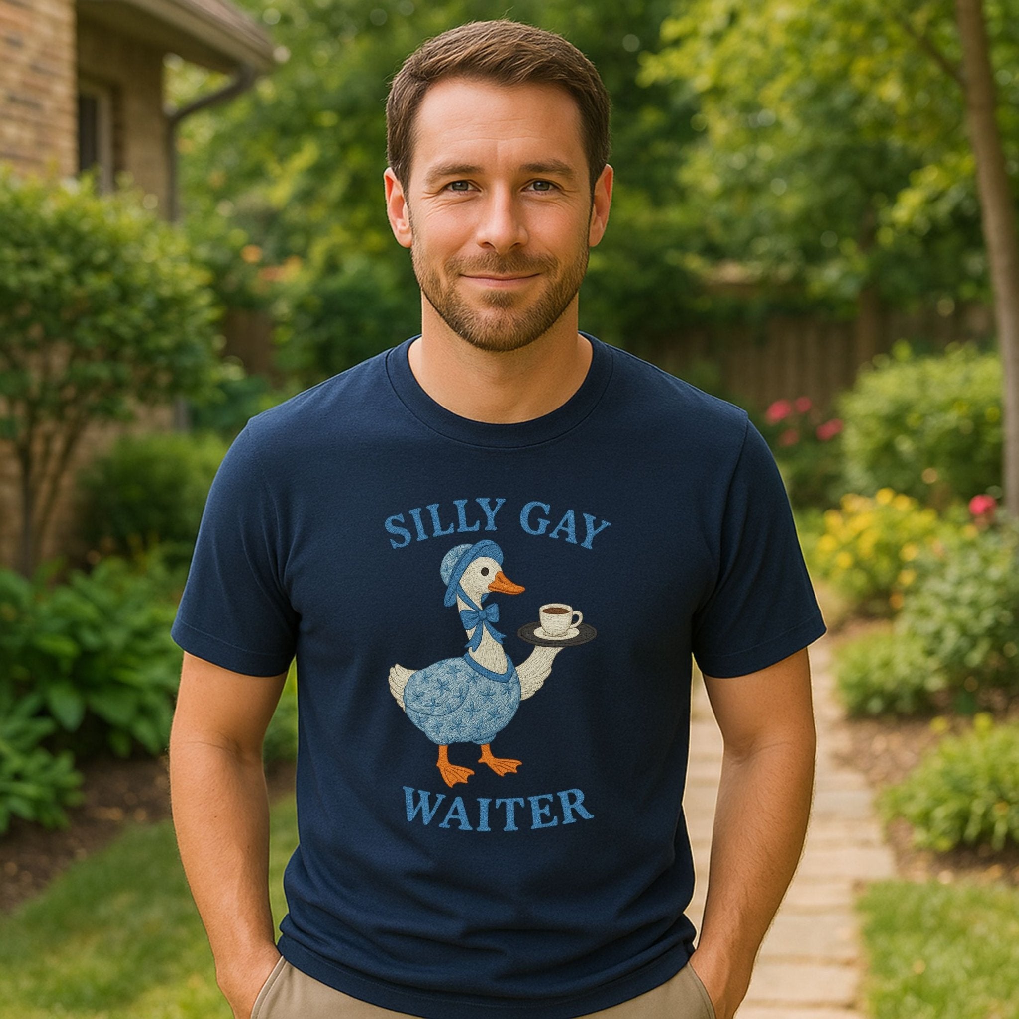 Silly Gay Waiter Shirt, Funny LGBTQ T-Shirt, Cottagecore Goose Coffee Top, Camp Pride Gift for Him or Her, Gay Hospitality Tee - Craig Michael Design
