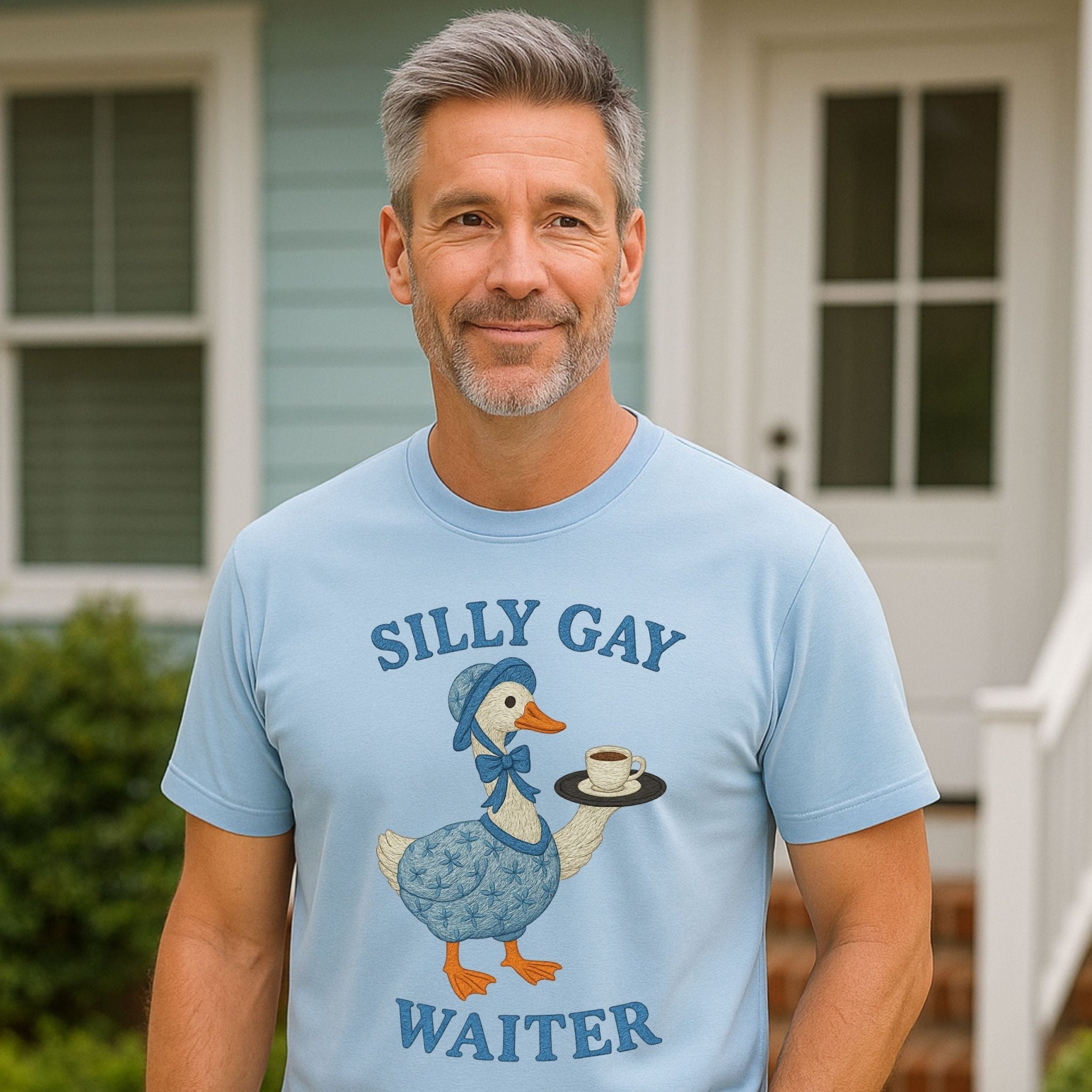 Silly Gay Waiter Shirt, Funny LGBTQ T-Shirt, Cottagecore Goose Coffee Top, Camp Pride Gift for Him or Her, Gay Hospitality Tee - Craig Michael Design