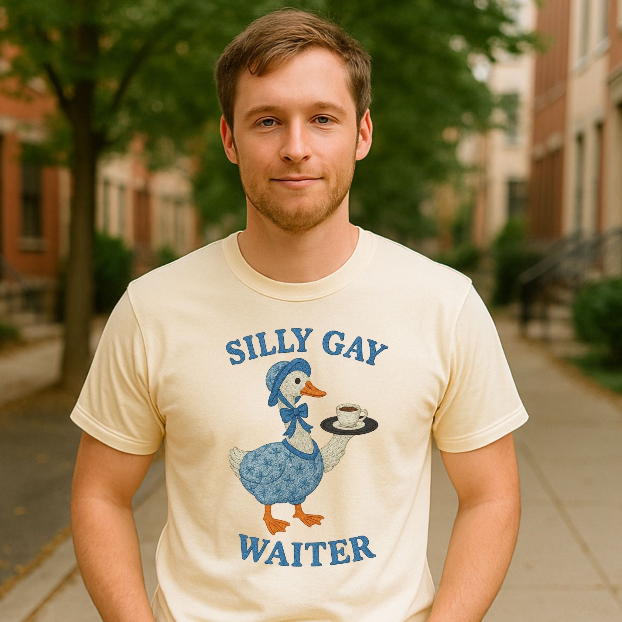 Silly Gay Waiter Shirt, Funny LGBTQ T-Shirt, Cottagecore Goose Coffee Top, Camp Pride Gift for Him or Her, Gay Hospitality Tee - Craig Michael Design