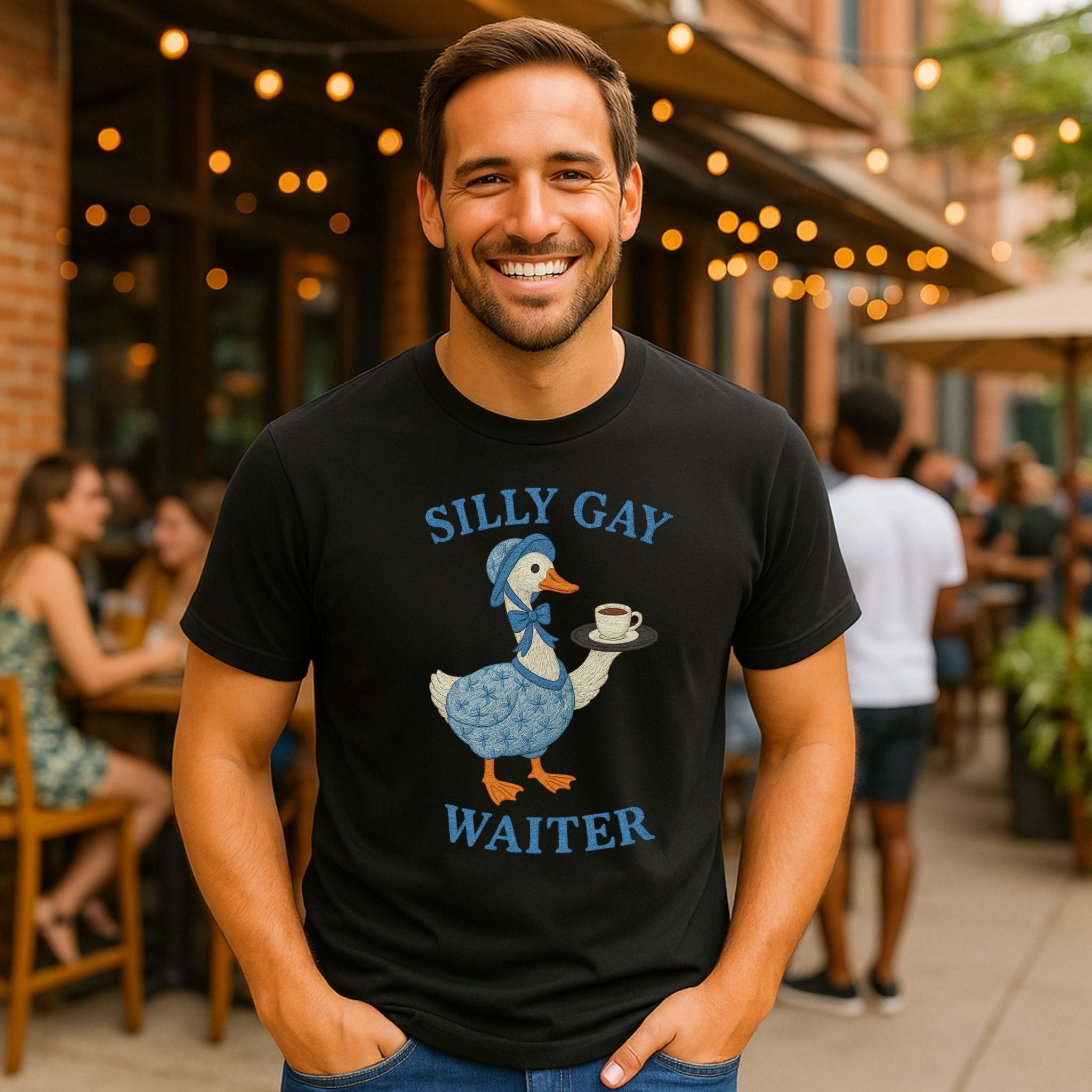 Silly Gay Waiter Shirt, Funny LGBTQ T-Shirt, Cottagecore Goose Coffee Top, Camp Pride Gift for Him or Her, Gay Hospitality Tee - Craig Michael Design