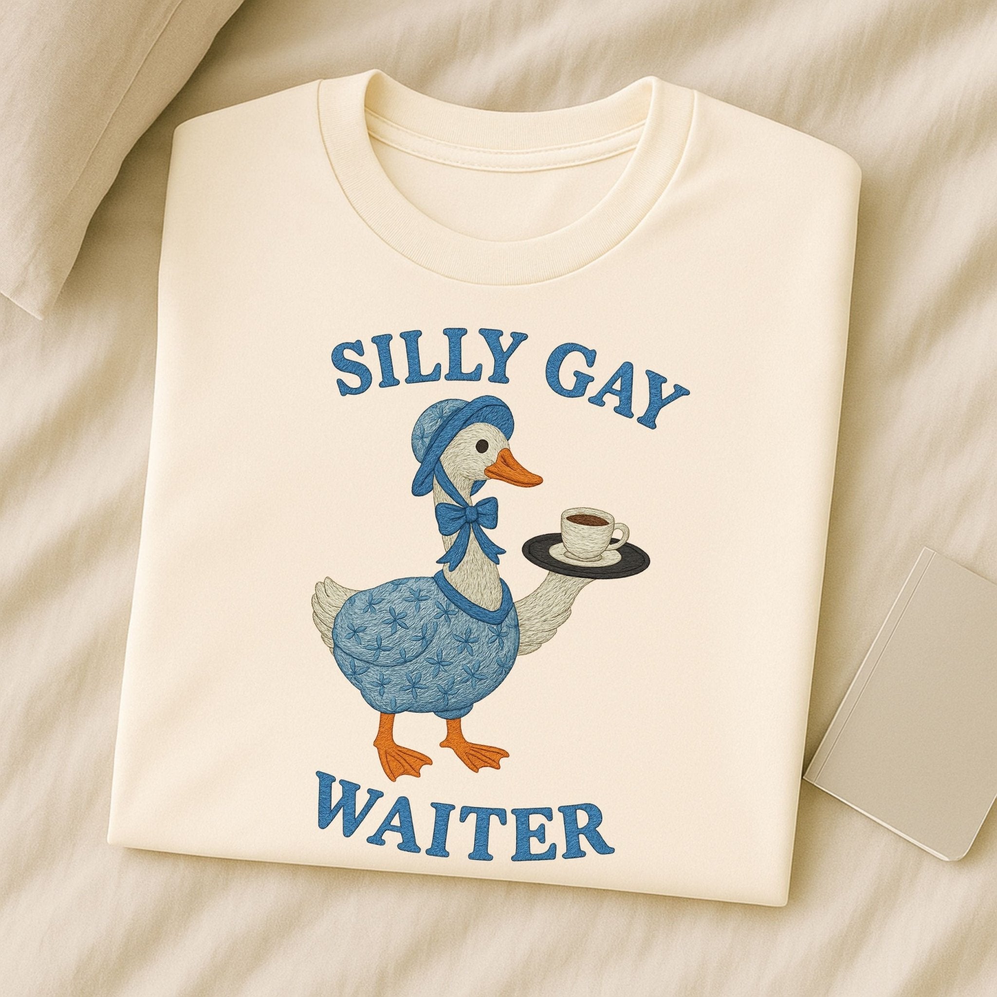 Silly Gay Waiter Shirt, Funny LGBTQ T-Shirt, Cottagecore Goose Coffee Top, Camp Pride Gift for Him or Her, Gay Hospitality Tee - Craig Michael Design
