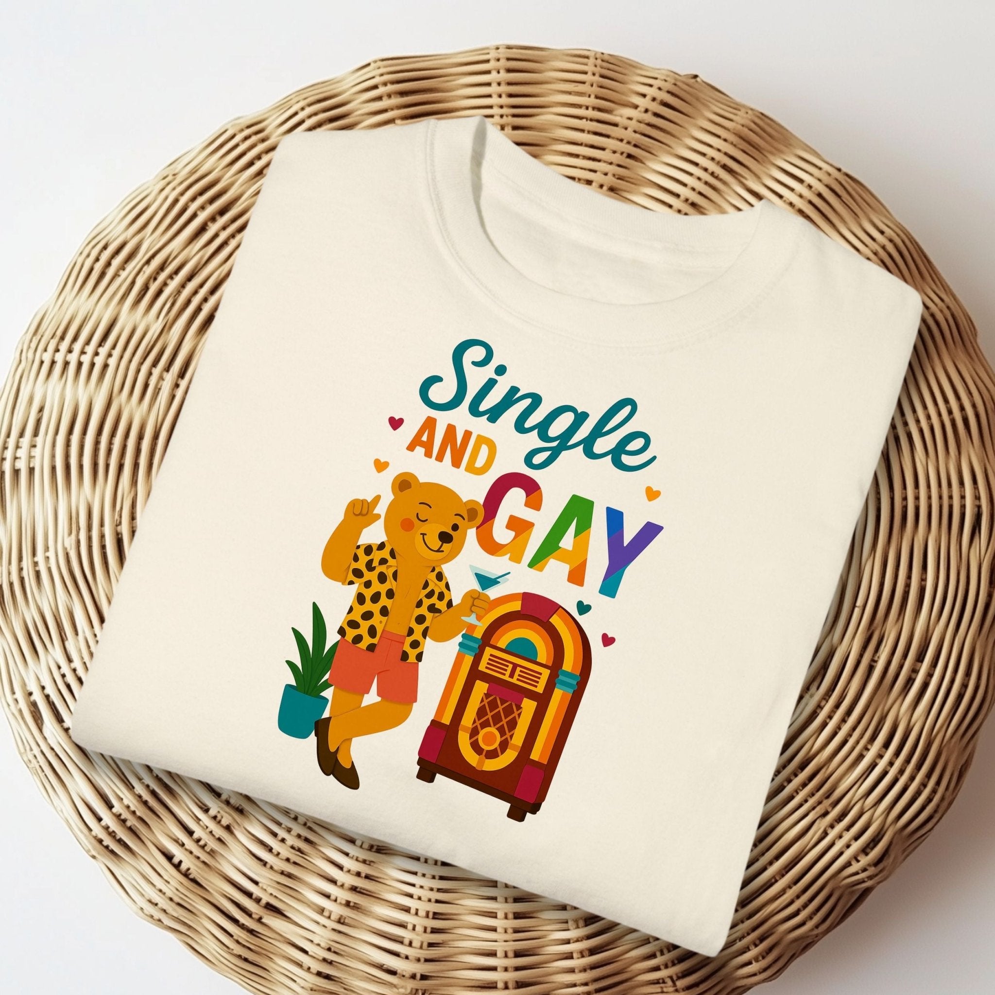 Single and Gay Jukebox Tee, Funny Retro LGBTQ Bear T-Shirt, Embroidered Style Pride Shirt - Craig Michael Design