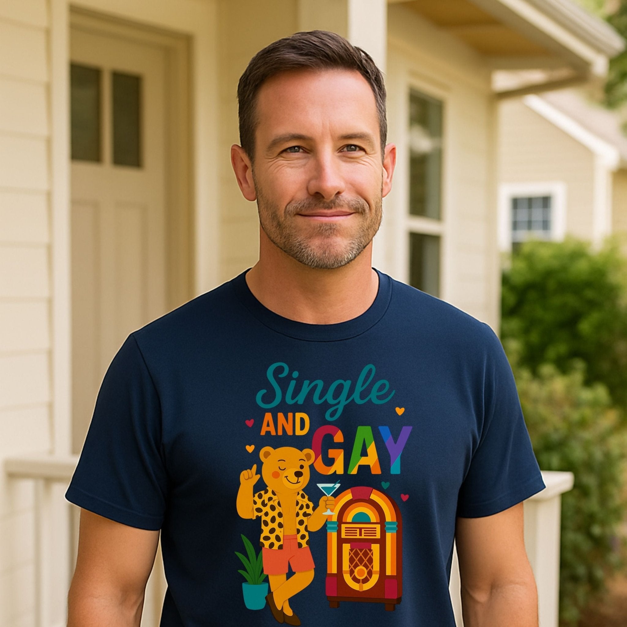 Single and Gay Jukebox Tee, Funny Retro LGBTQ Bear T-Shirt, Embroidered Style Pride Shirt - Craig Michael Design