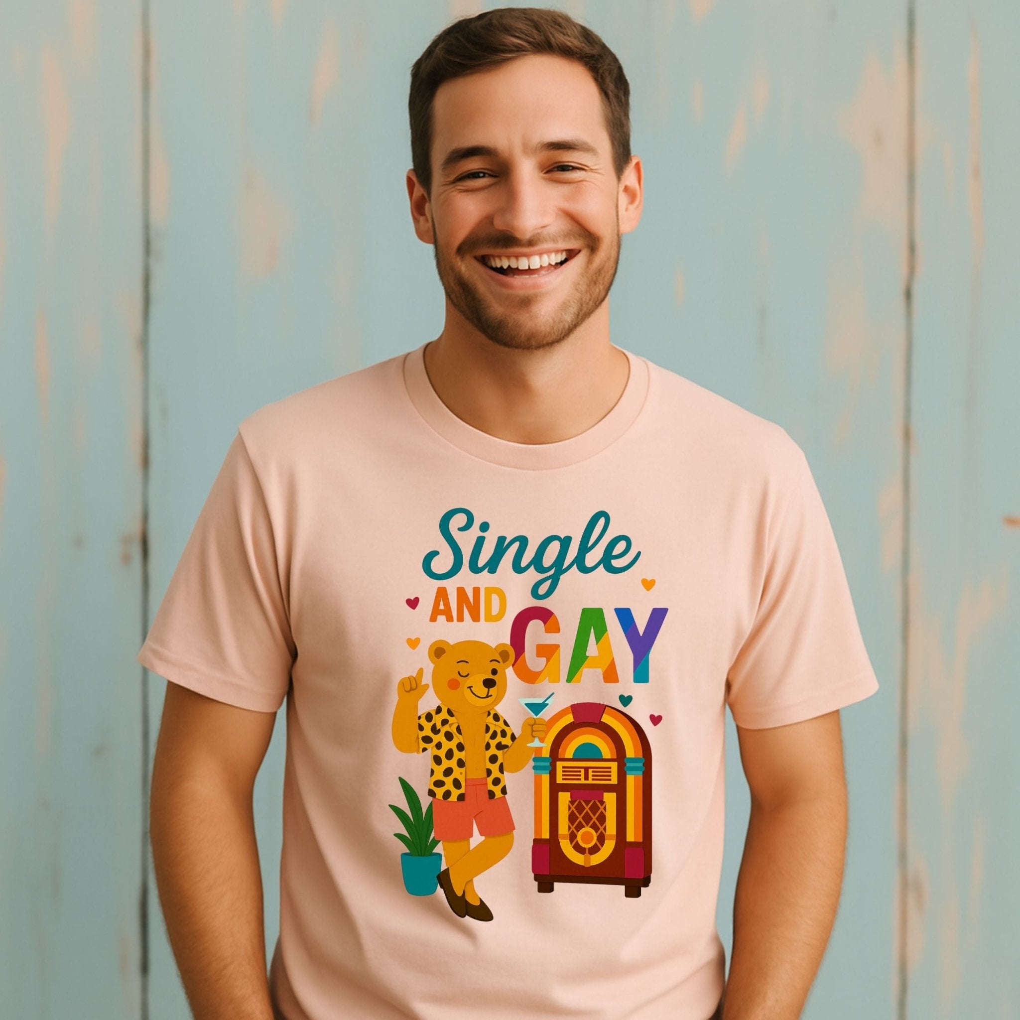 Single and Gay Jukebox Tee, Funny Retro LGBTQ Bear T-Shirt, Embroidered Style Pride Shirt - Craig Michael Design