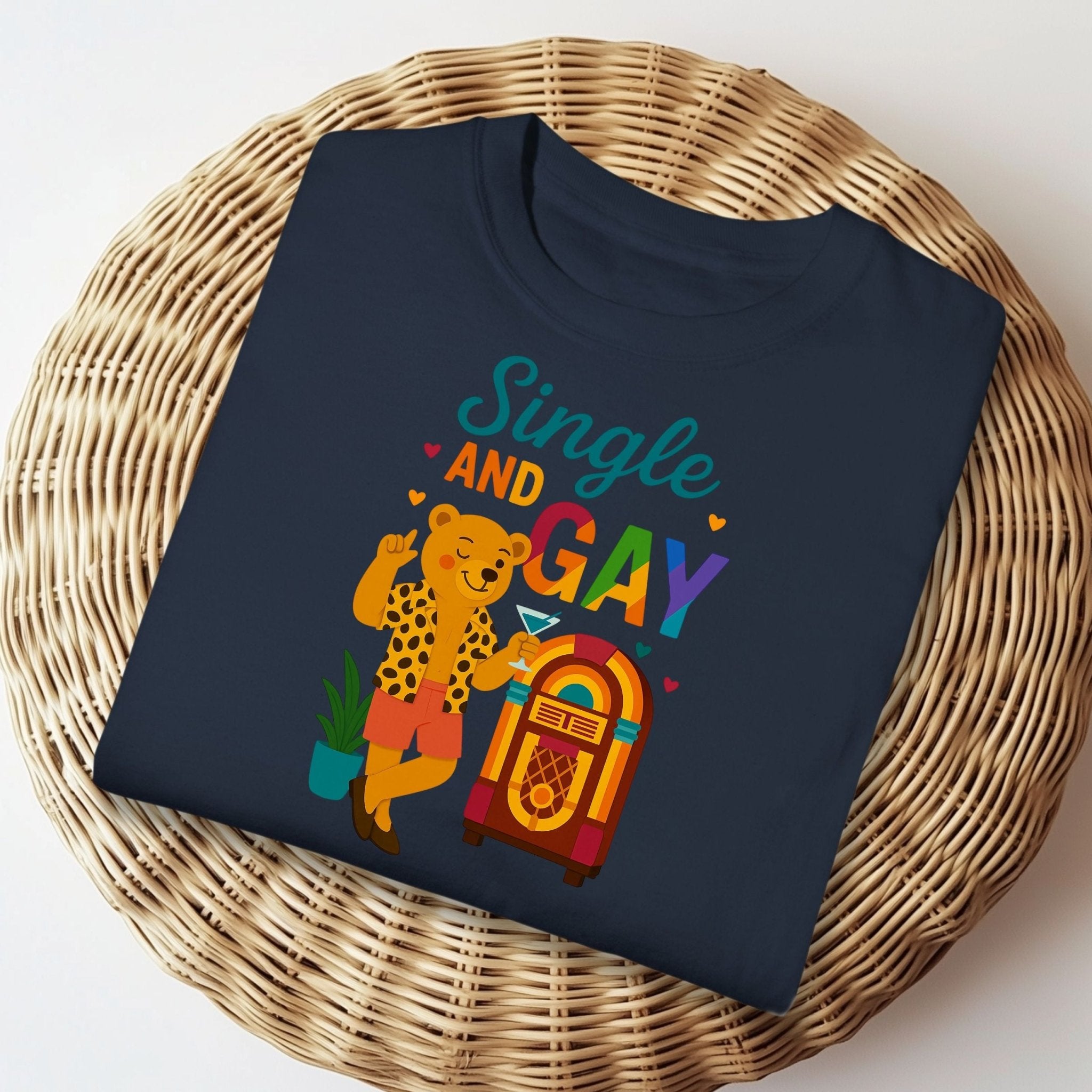 Single and Gay Jukebox Tee, Funny Retro LGBTQ Bear T-Shirt, Embroidered Style Pride Shirt - Craig Michael Design