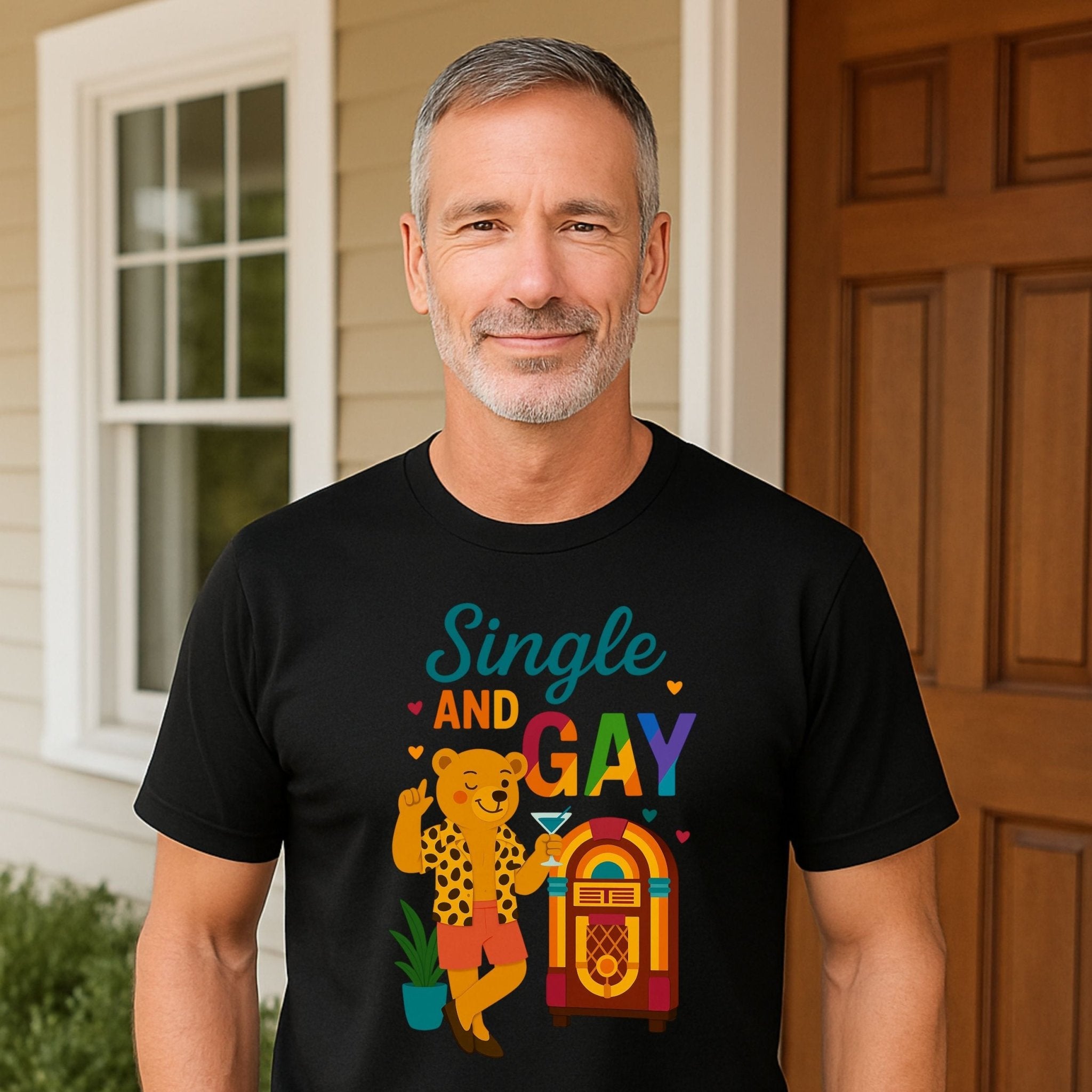 Single and Gay Jukebox Tee, Funny Retro LGBTQ Bear T-Shirt, Embroidered Style Pride Shirt - Craig Michael Design