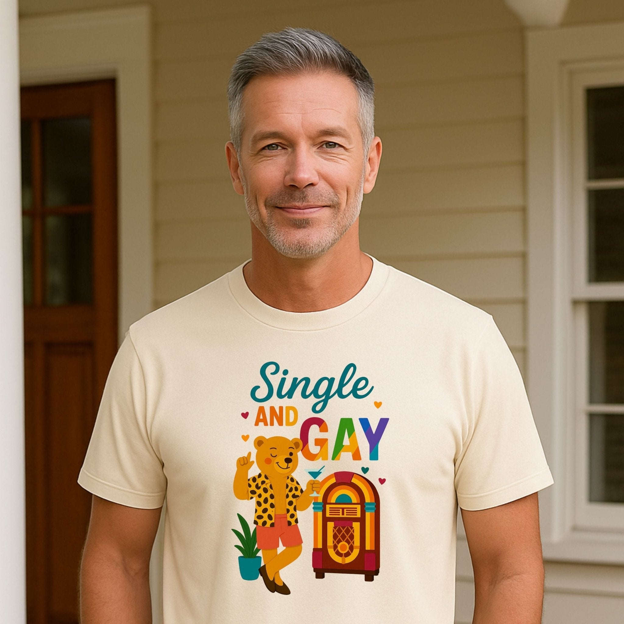 Single and Gay Jukebox Tee, Funny Retro LGBTQ Bear T-Shirt, Embroidered Style Pride Shirt - Craig Michael Design