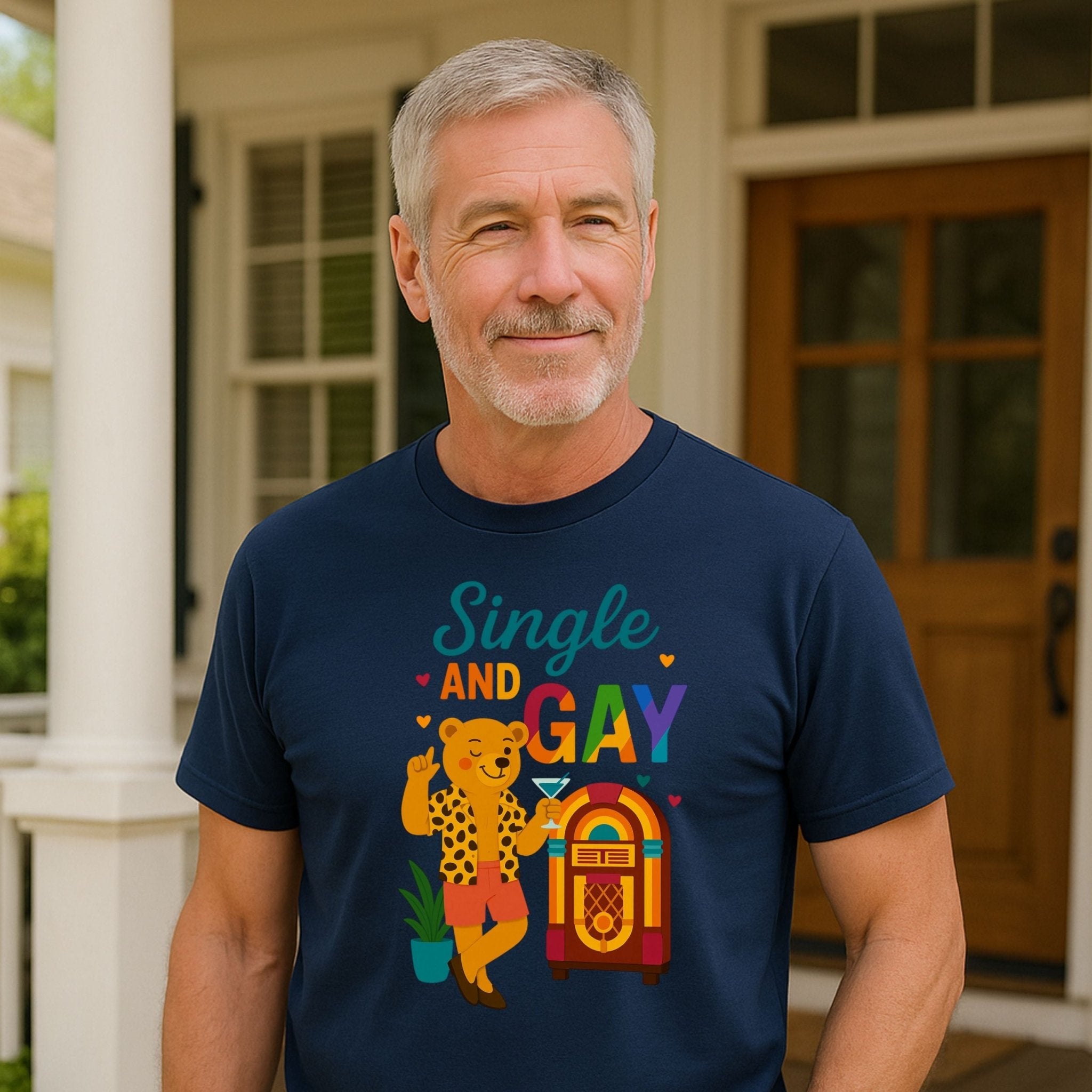 Single and Gay Jukebox Tee, Funny Retro LGBTQ Bear T-Shirt, Embroidered Style Pride Shirt - Craig Michael Design
