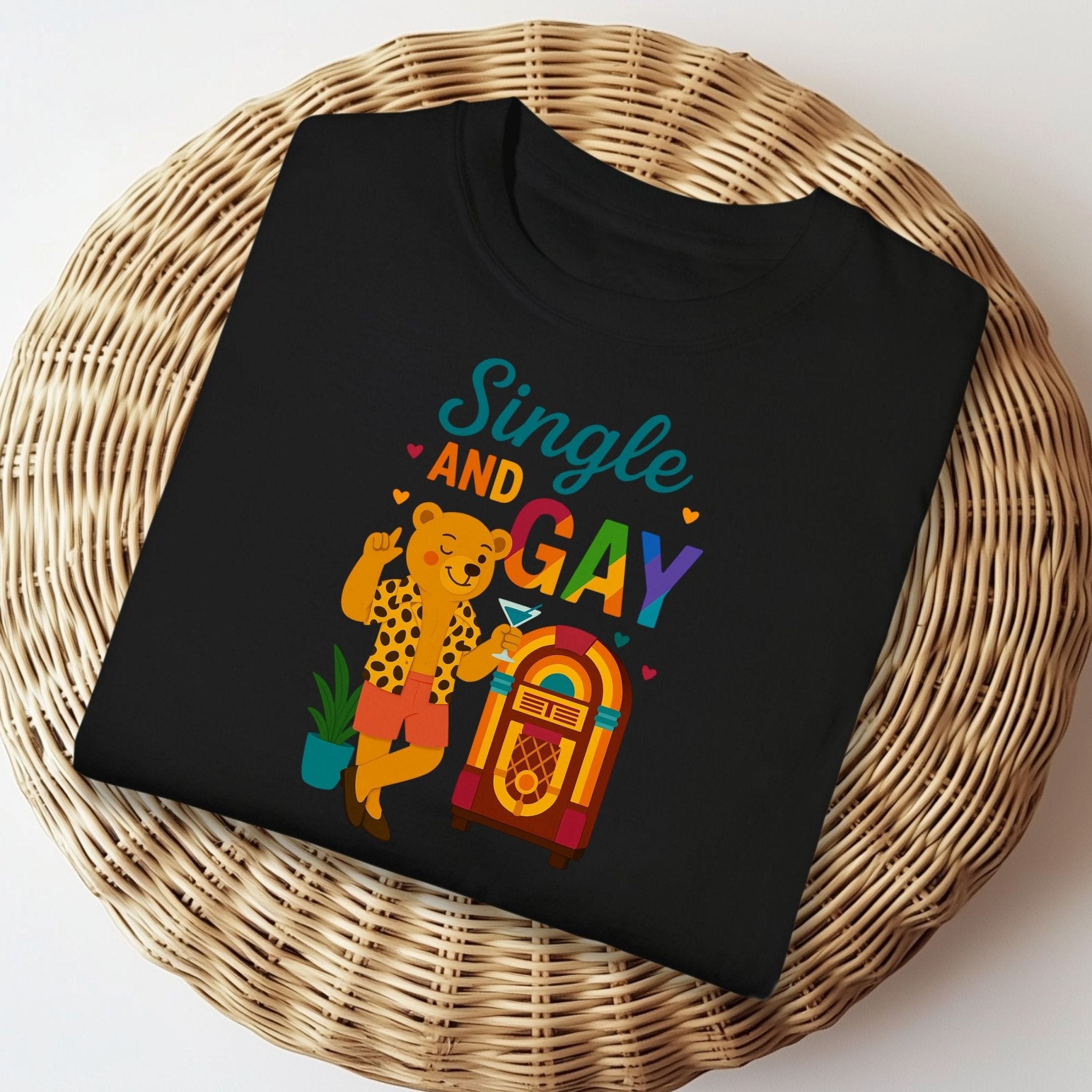 Single and Gay Jukebox Tee, Funny Retro LGBTQ Bear T-Shirt, Embroidered Style Pride Shirt - Craig Michael Design