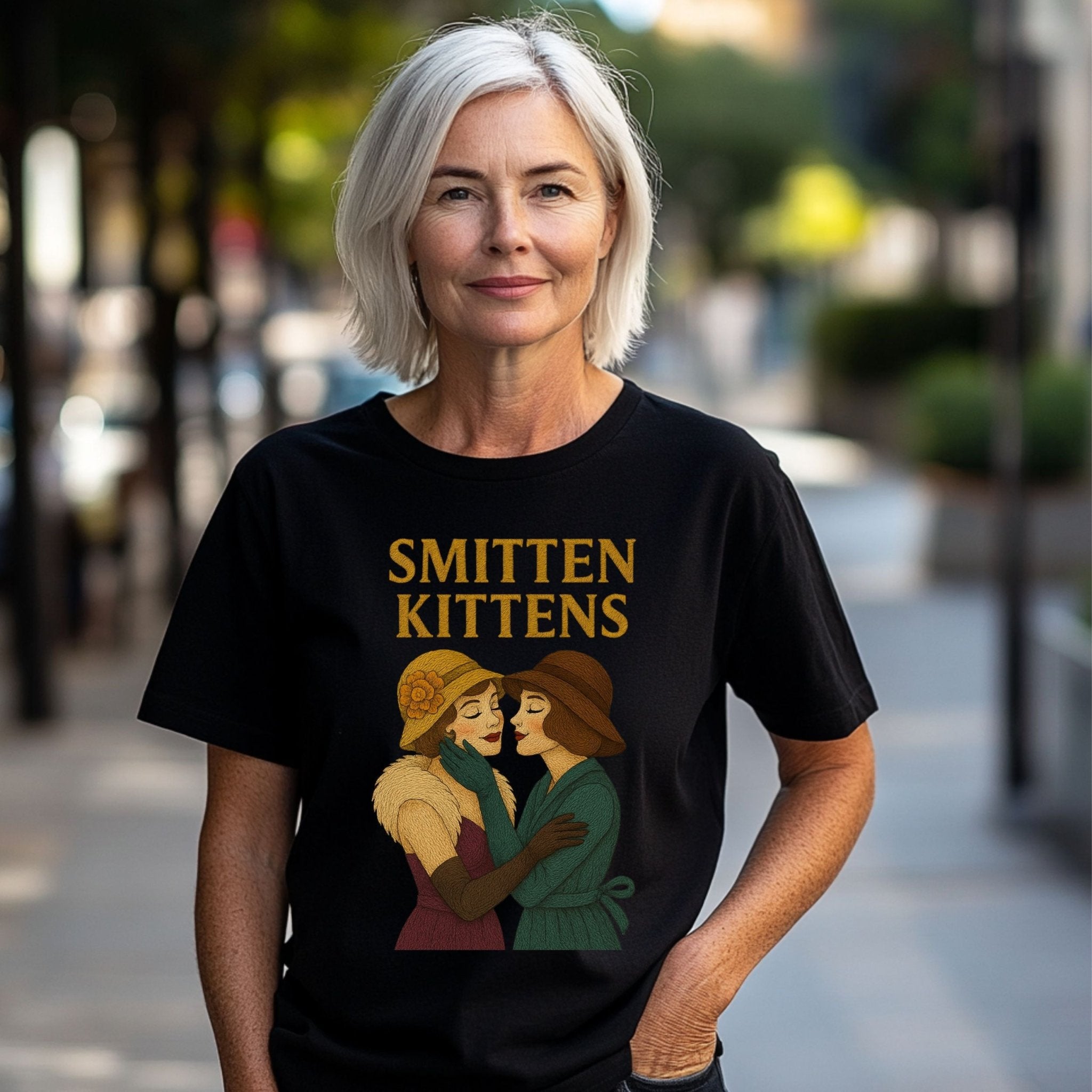 Smitten Kittens Tee, Vintage Lesbian Couple T-Shirt, Embroidered Style Romantic Pride Gift, Queer Femme Love Shirt - Craig Michael Design