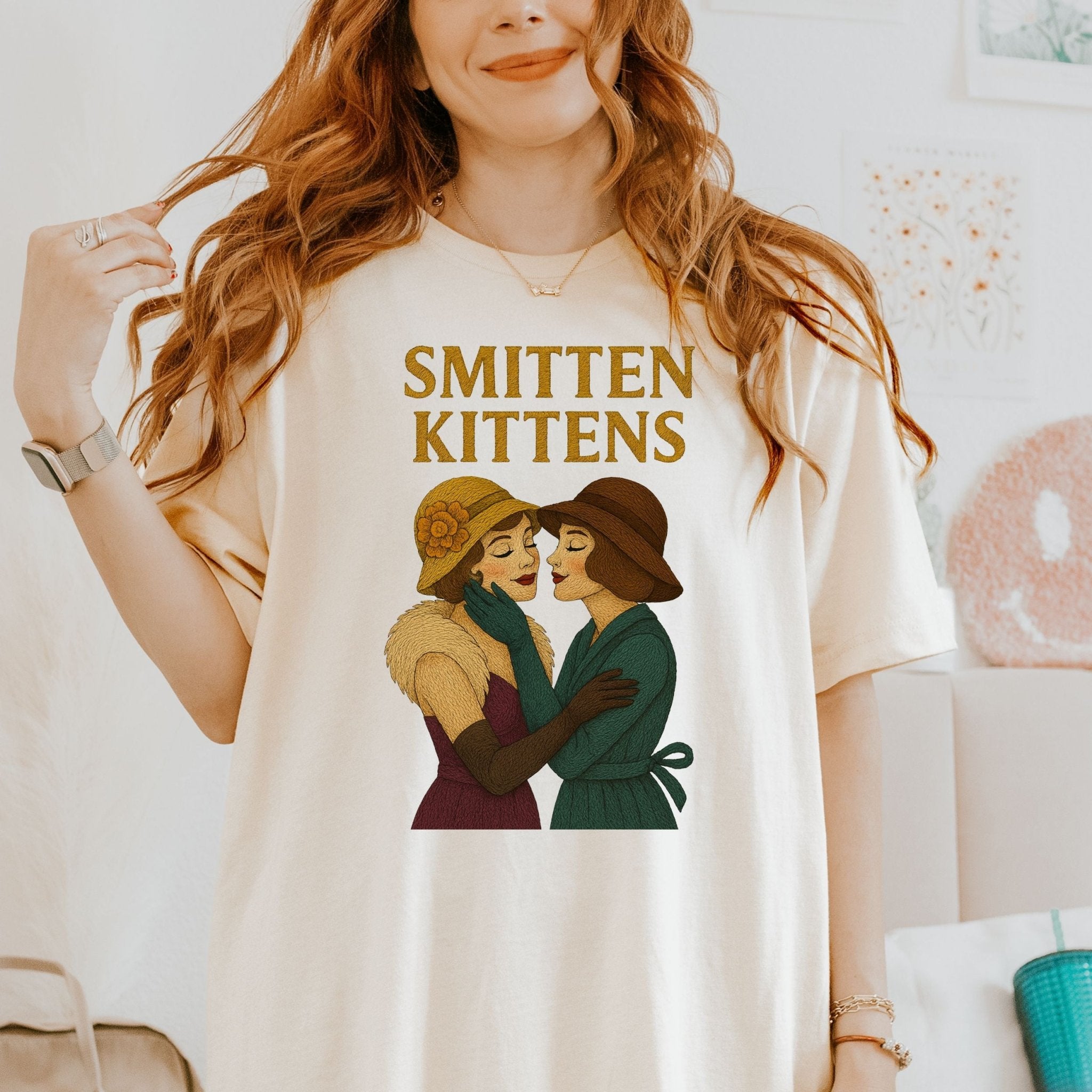Smitten Kittens Tee, Vintage Lesbian Couple T-Shirt, Embroidered Style Romantic Pride Gift, Queer Femme Love Shirt - Craig Michael Design