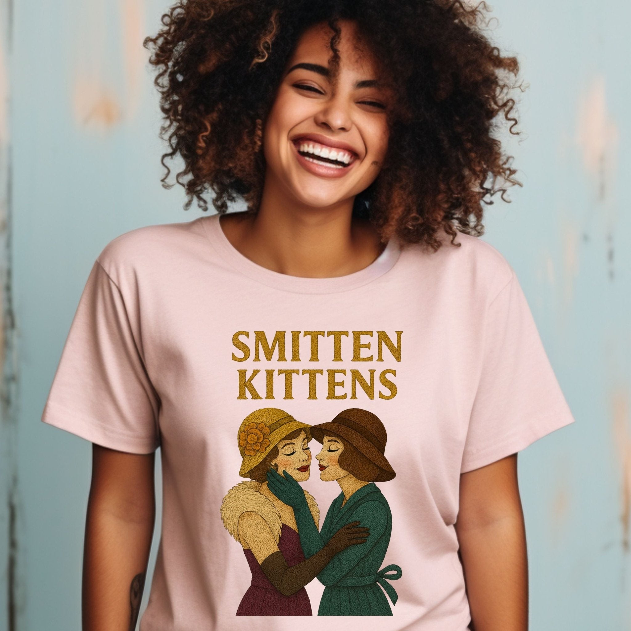 Smitten Kittens Tee, Vintage Lesbian Couple T-Shirt, Embroidered Style Romantic Pride Gift, Queer Femme Love Shirt - Craig Michael Design