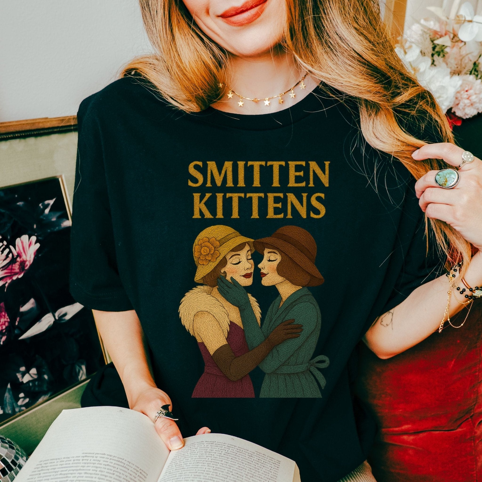 Smitten Kittens Tee, Vintage Lesbian Couple T-Shirt, Embroidered Style Romantic Pride Gift, Queer Femme Love Shirt - Craig Michael Design