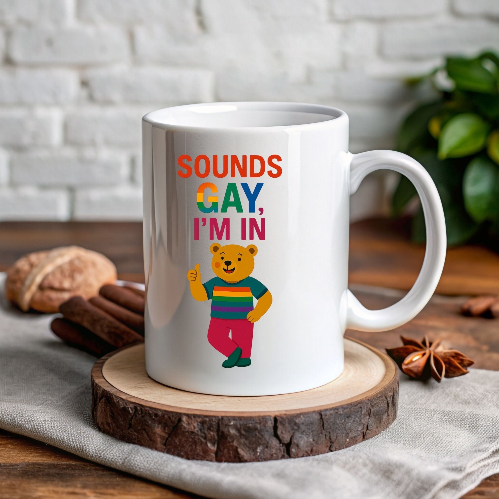 Sounds Gay I'm In Mug, Funny Gay Bear Coffee Cup, Colourful LGBTQ Pride Gift for Him - Craig Michael Design