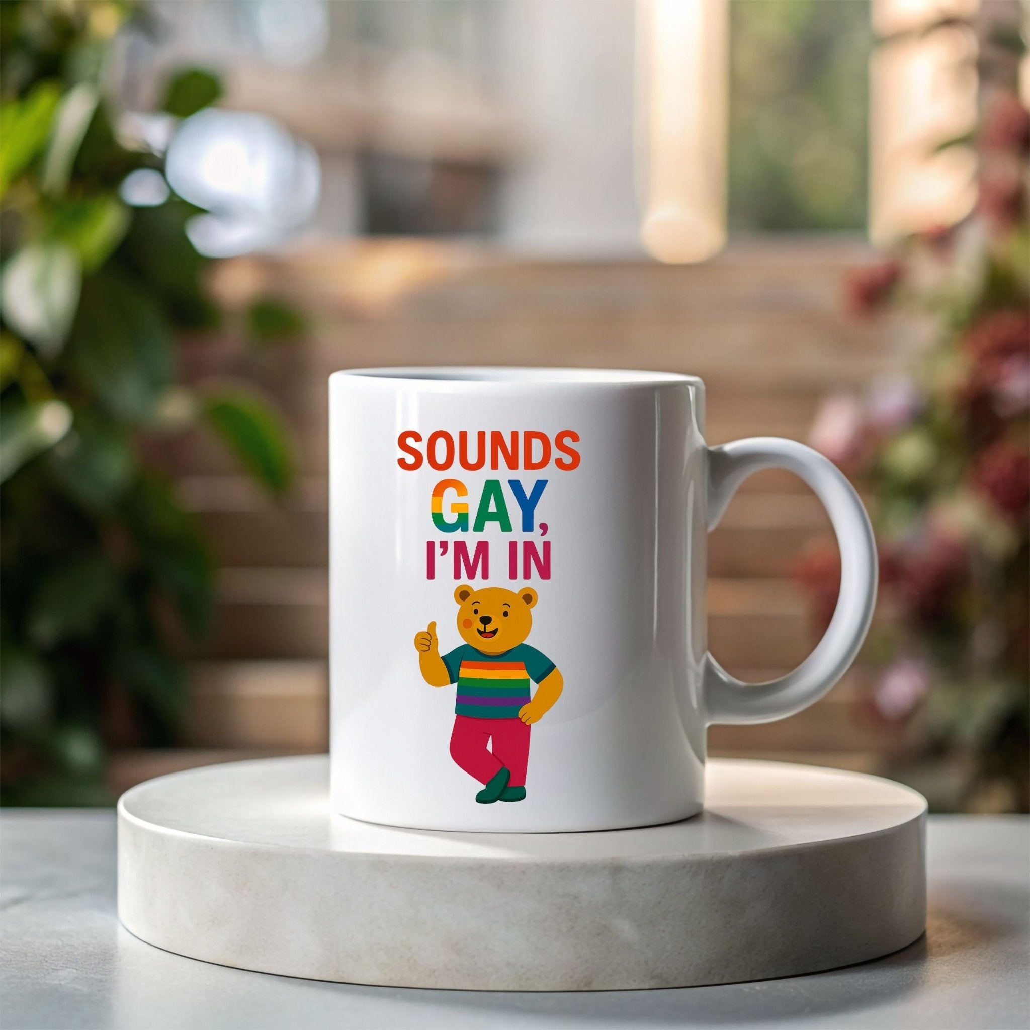 Sounds Gay I'm In Mug, Funny Gay Bear Coffee Cup, Colourful LGBTQ Pride Gift for Him - Craig Michael Design