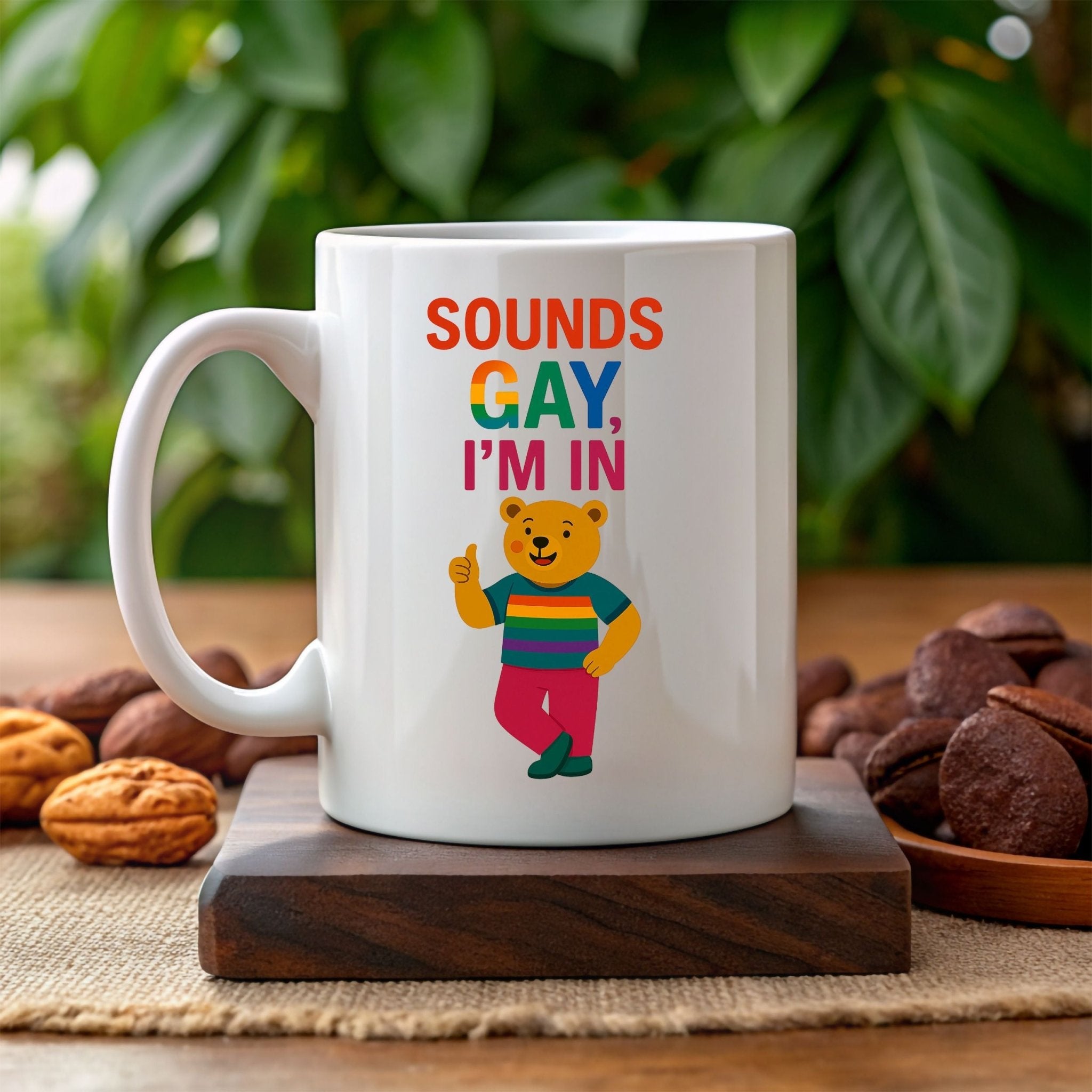 Sounds Gay I'm In Mug, Funny Gay Bear Coffee Cup, Colourful LGBTQ Pride Gift for Him - Craig Michael Design