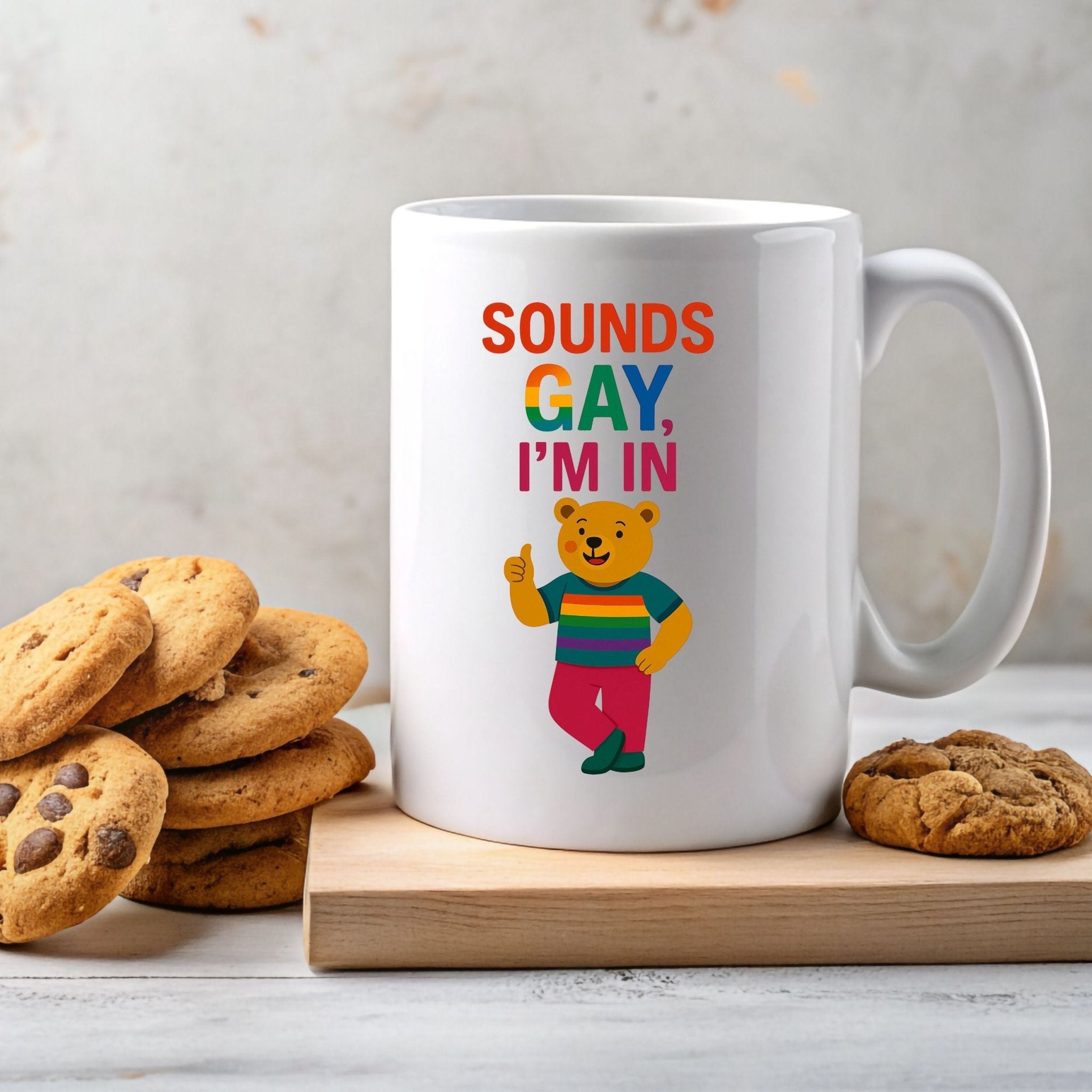 Sounds Gay I'm In Mug, Funny Gay Bear Coffee Cup, Colourful LGBTQ Pride Gift for Him - Craig Michael Design