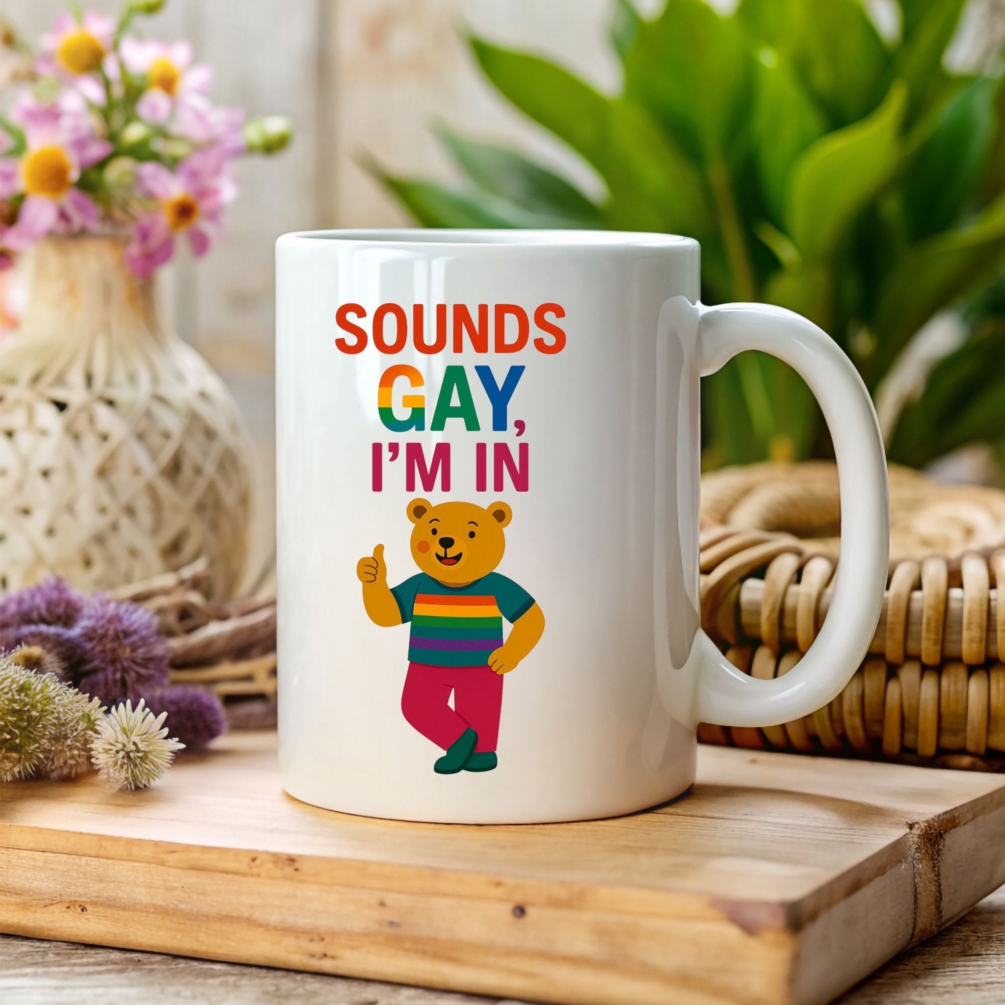 Sounds Gay I'm In Mug, Funny Gay Bear Coffee Cup, Colourful LGBTQ Pride Gift for Him - Craig Michael Design