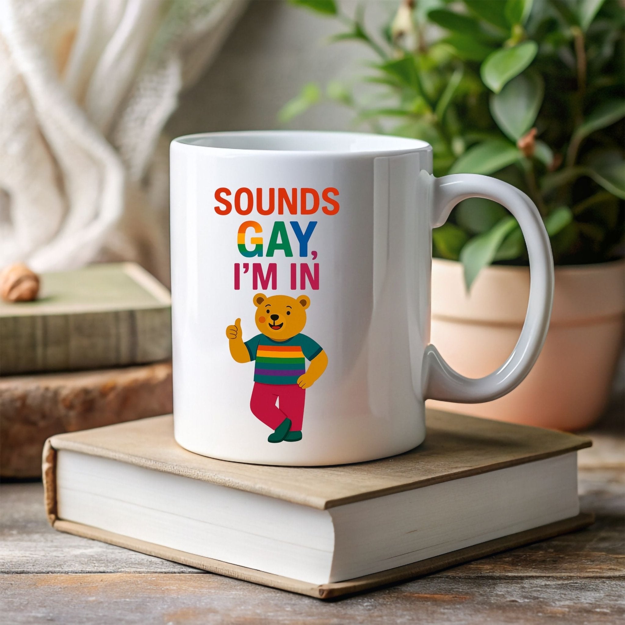 Sounds Gay I'm In Mug, Funny Gay Bear Coffee Cup, Colourful LGBTQ Pride Gift for Him - Craig Michael Design