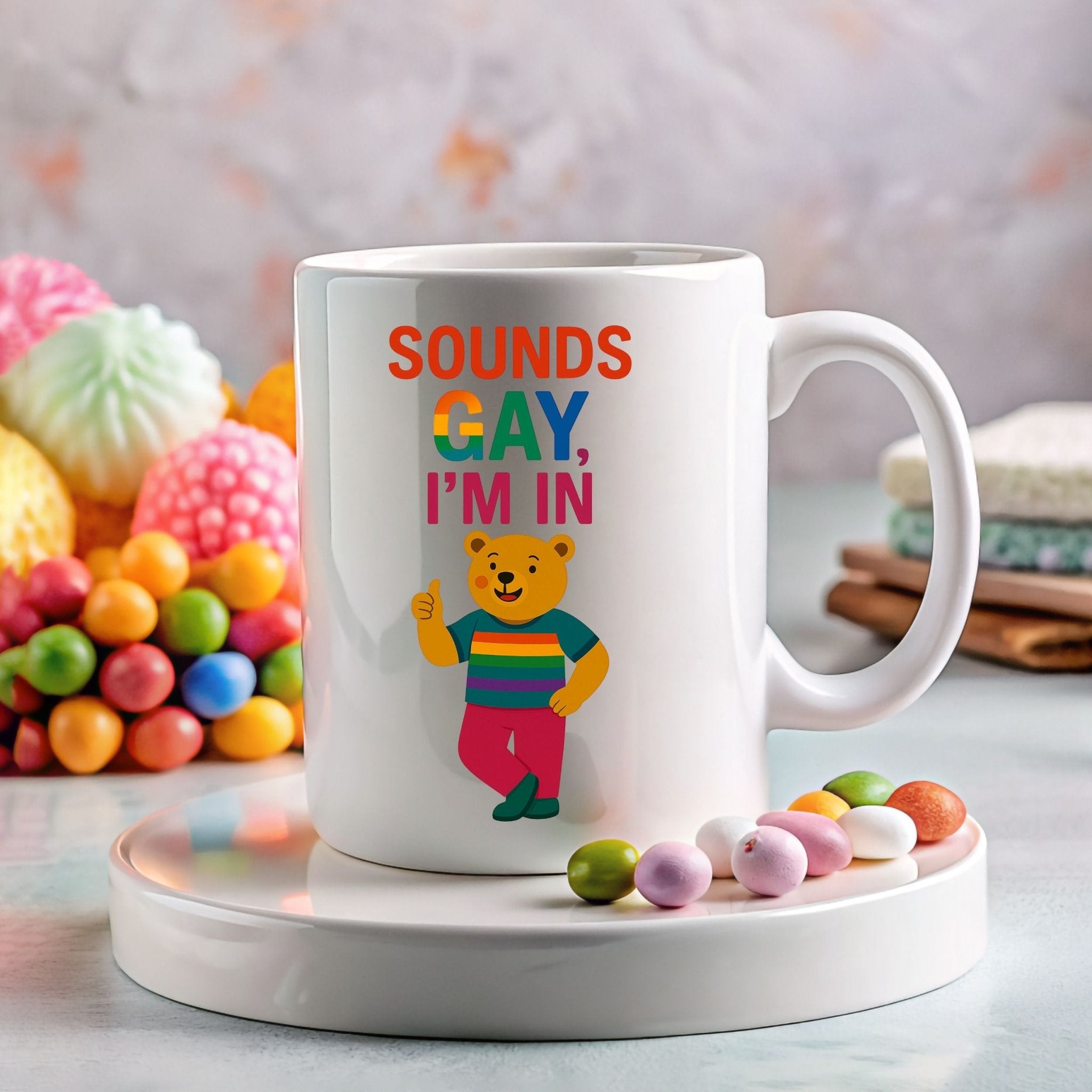 Sounds Gay I'm In Mug, Funny Gay Bear Coffee Cup, Colourful LGBTQ Pride Gift for Him - Craig Michael Design