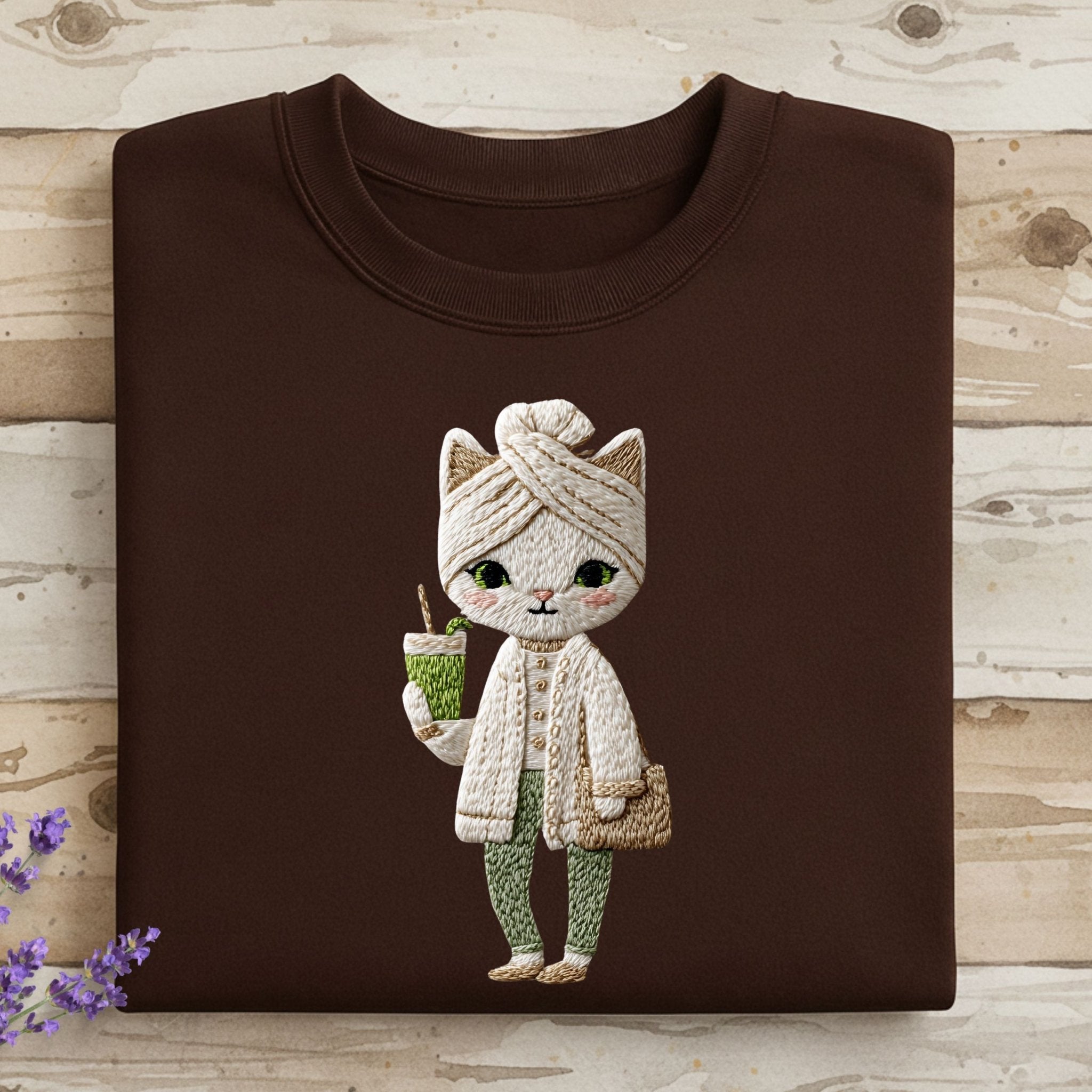 Spa Cat T-Shirt, Relaxing Cat, Cute Cat, Cat with Smoothie, Gift for Cat Lover, Funny Cat Tee, Kitten Shirt, Embroidered Cat, Womens T-Shirt - Craig Michael Design